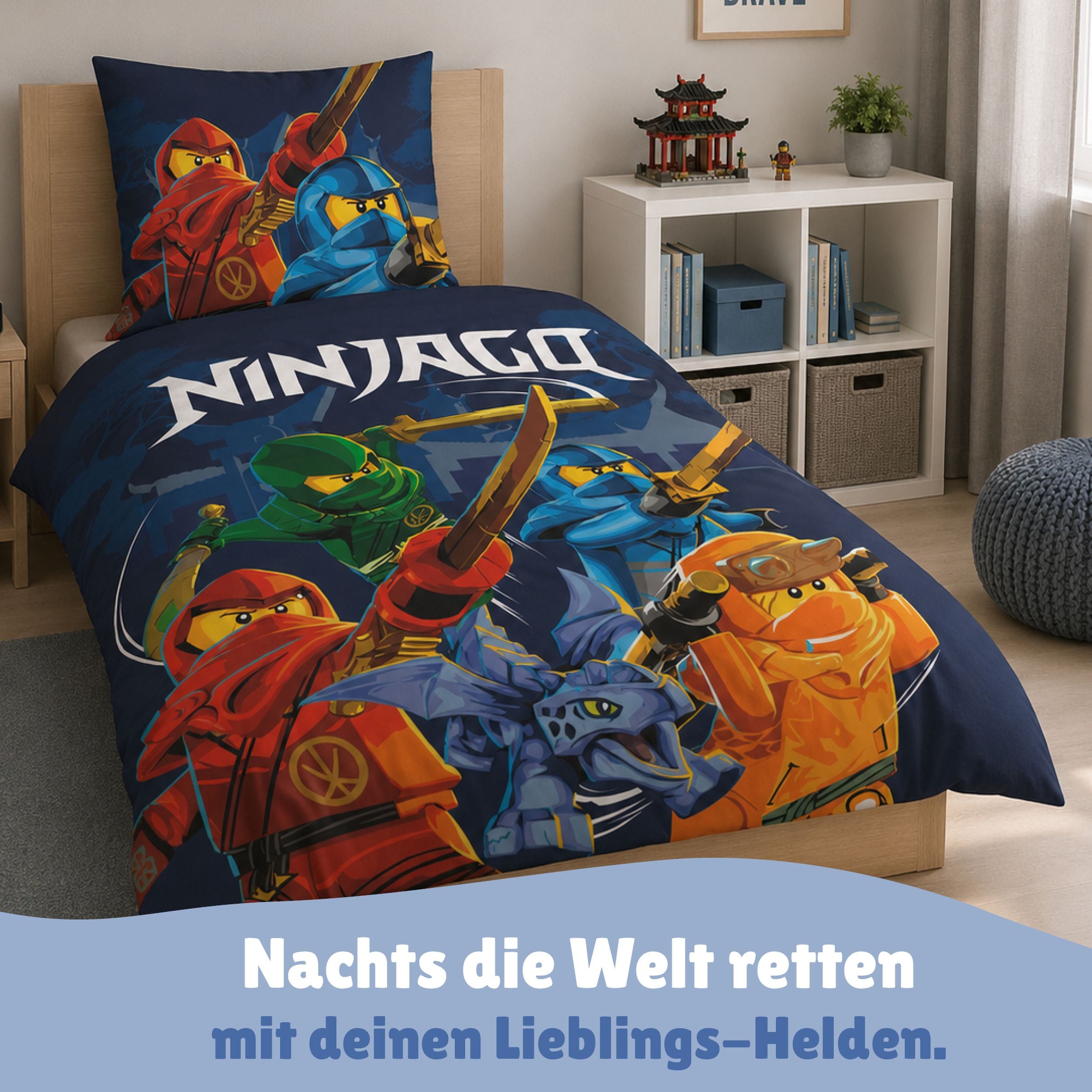 Lego Ninjago Bettwäsche 2-teilig 135x200 80x80 cm aus 100% Baumwolle mit Reißverschluss