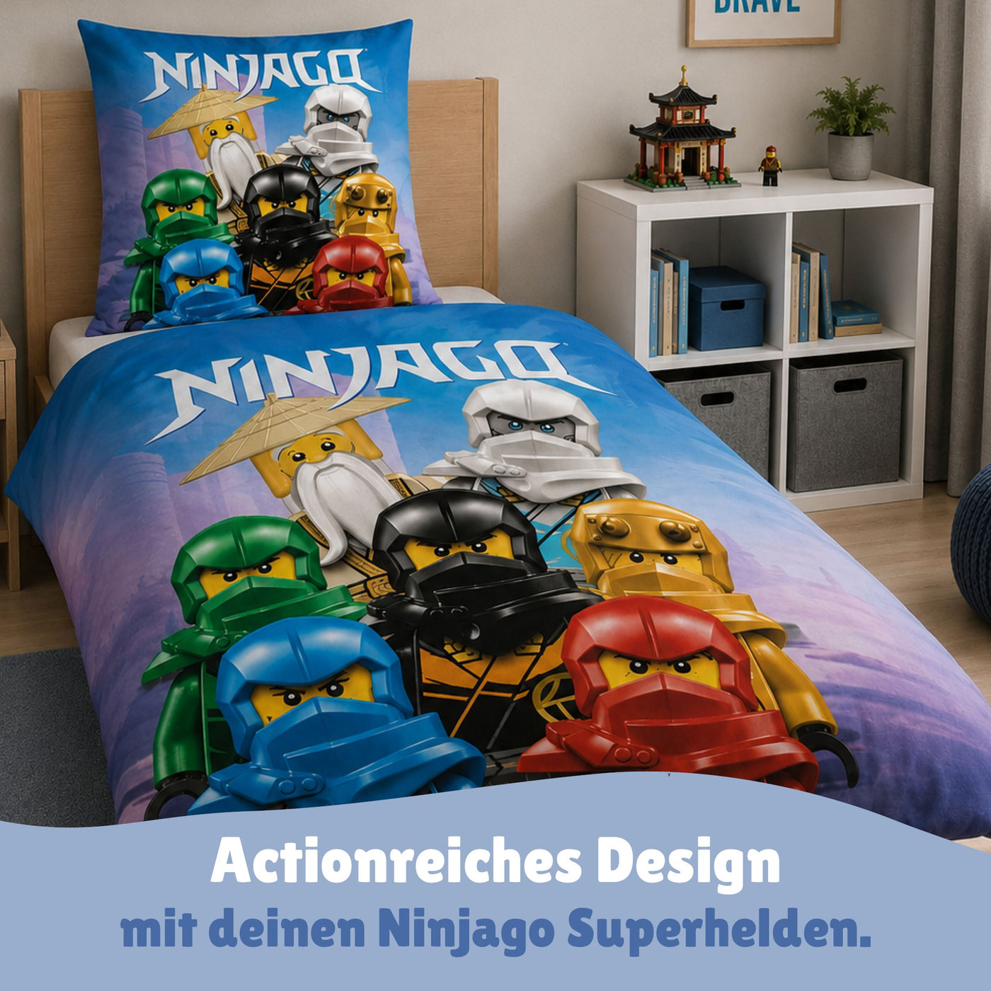 Lego Ninjago Bettwäsche 2-teilig 135x200 80x80 cm aus 100% Baumwolle mit Reißverschluss