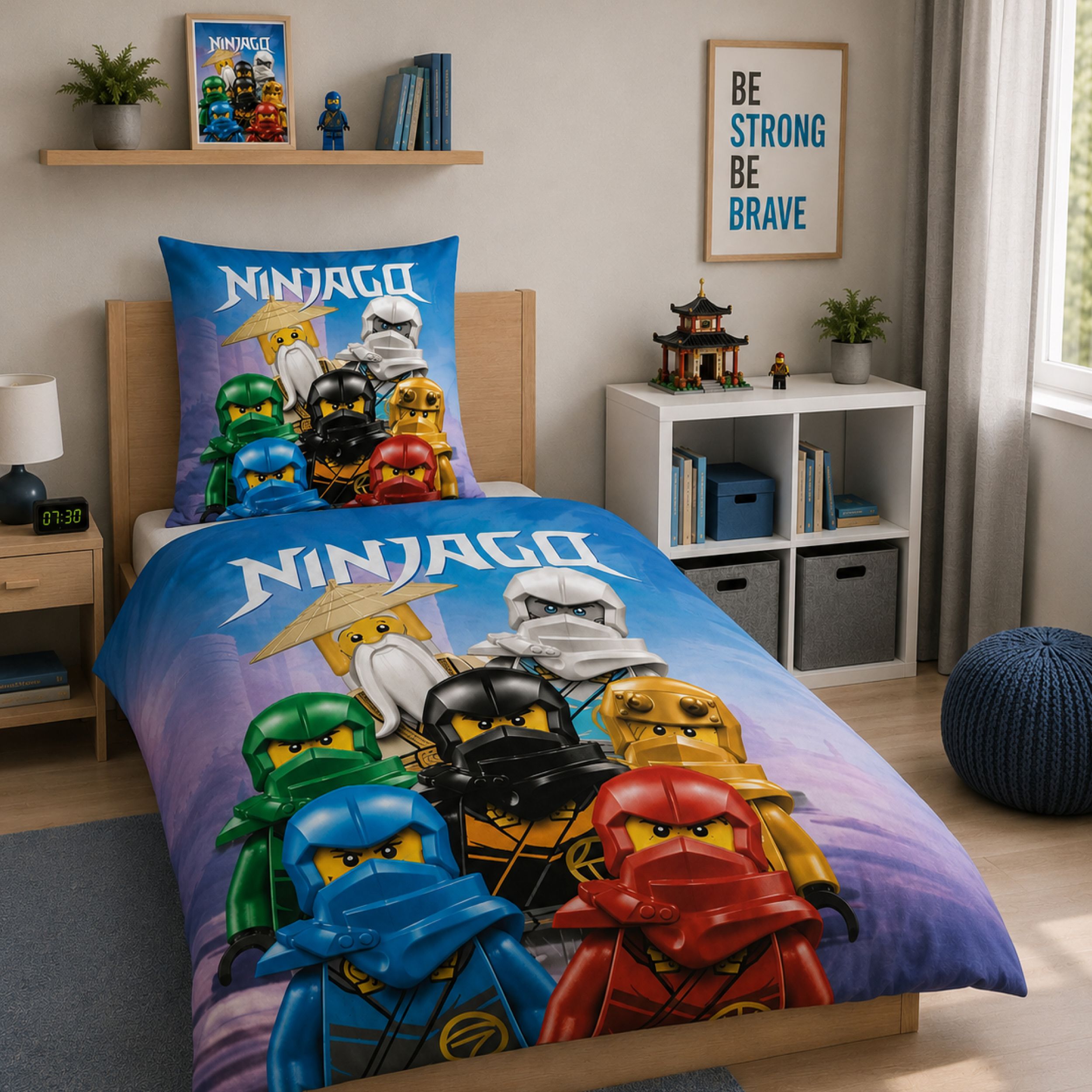 Helle Lego Ninjago Bettwäsche mit wichtigen Ninjagos und Meister Wu auf Bett gezogen
