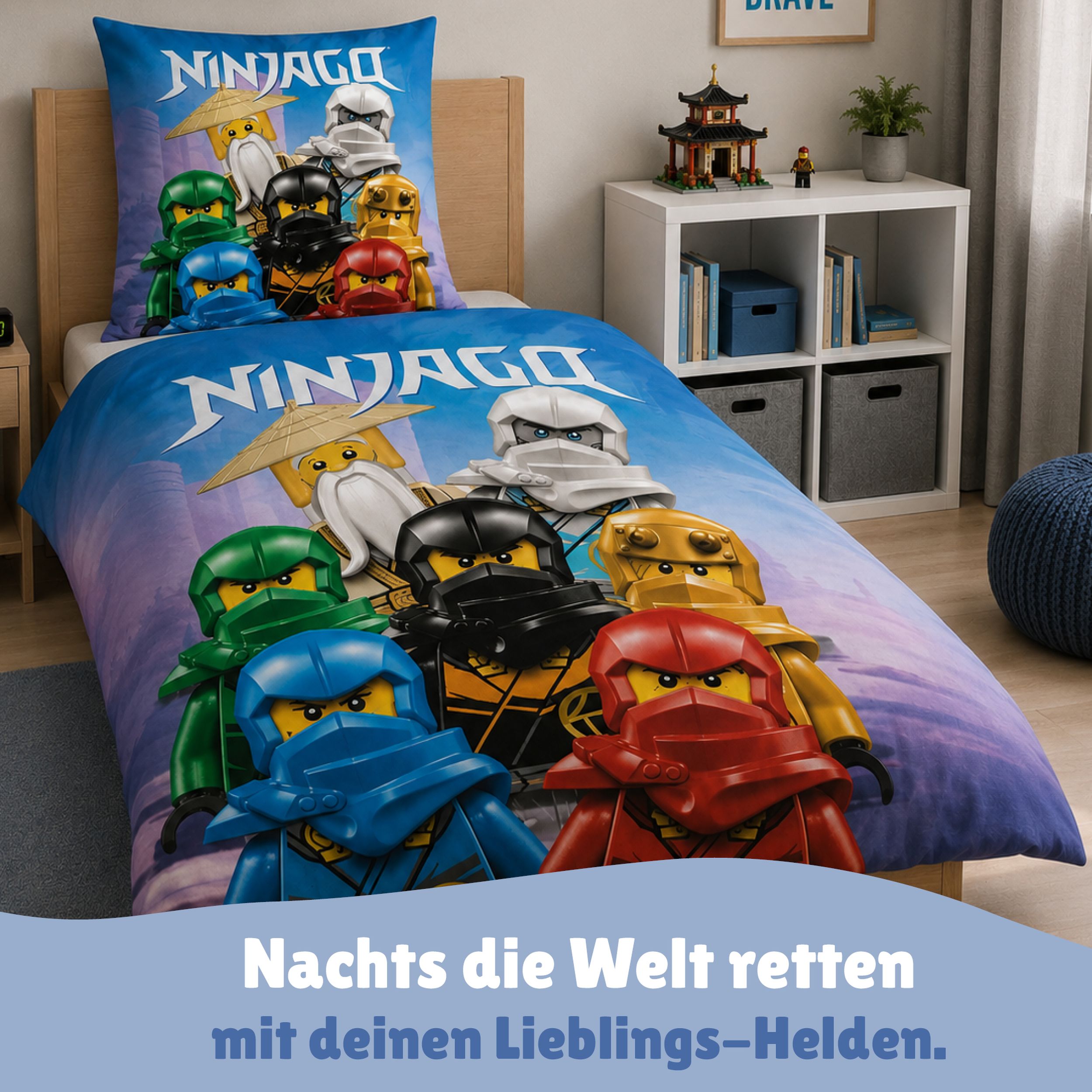 Lego Ninjago Bettwäsche 2-teilig 135x200 80x80 cm aus 100% Baumwolle mit Reißverschluss