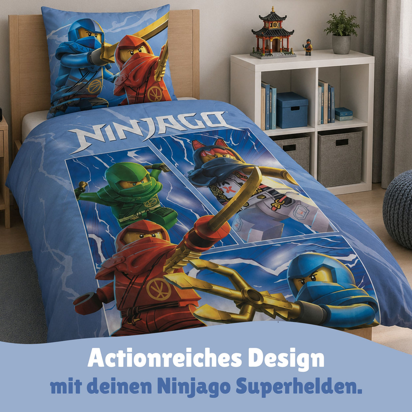 Lego Ninjago Bettwäsche 2-teilig 135x200 80x80 cm aus 100% Baumwolle mit Reißverschluss