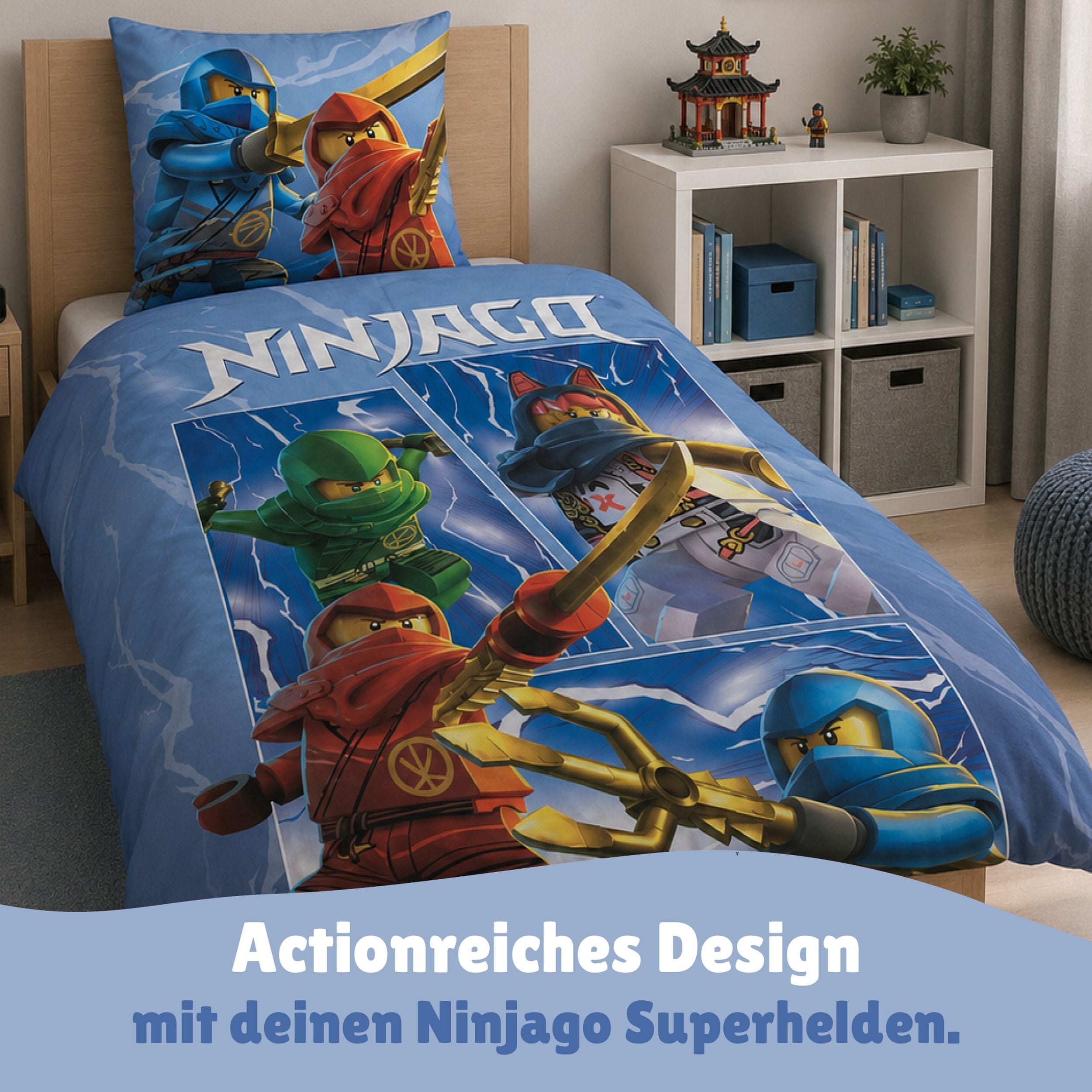 Lego Ninjago Bettwäsche 2-teilig 135x200 80x80 cm aus 100% Baumwolle mit Reißverschluss