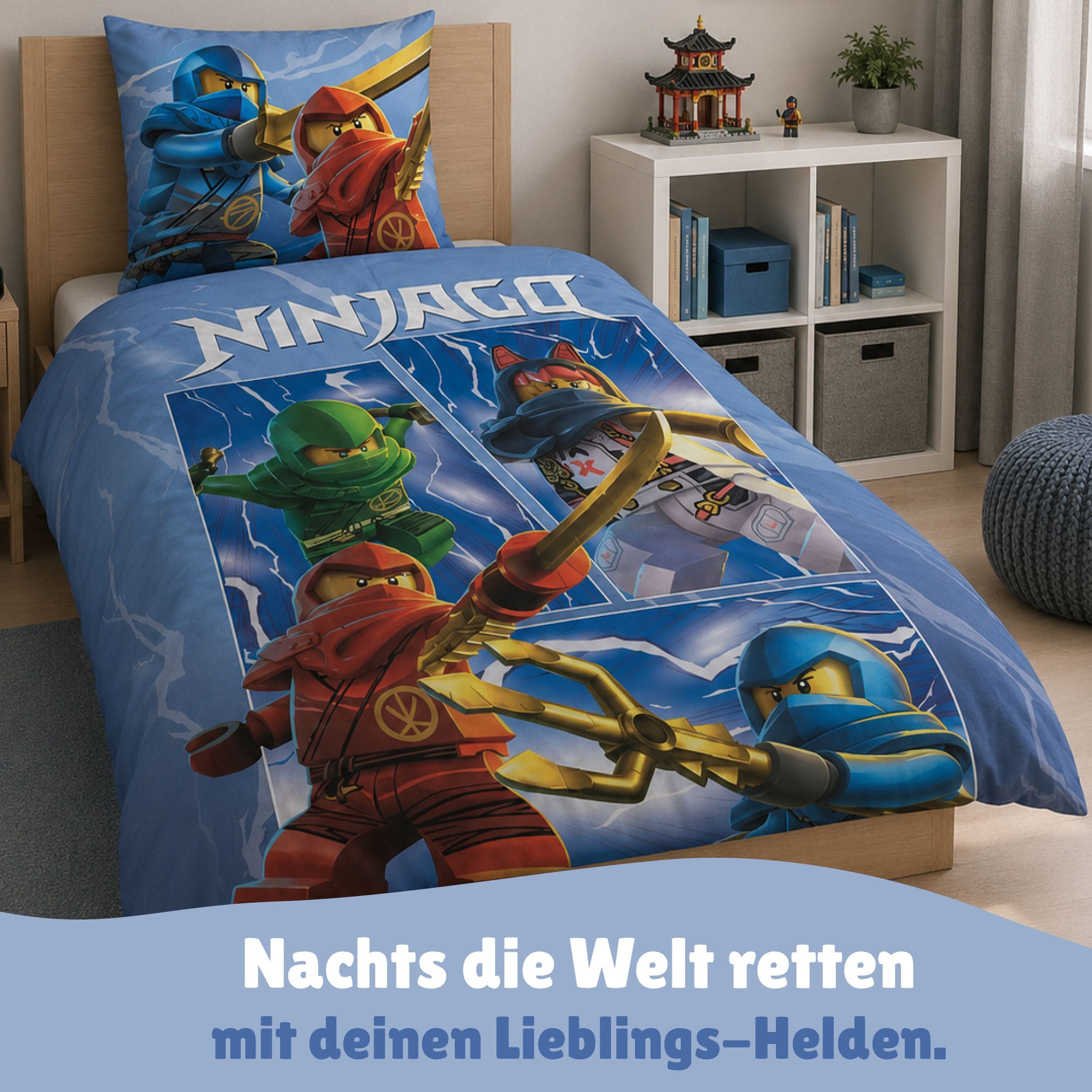 Lego Ninjago Bettwäsche 2-teilig 135x200 80x80 cm aus 100% Baumwolle mit Reißverschluss