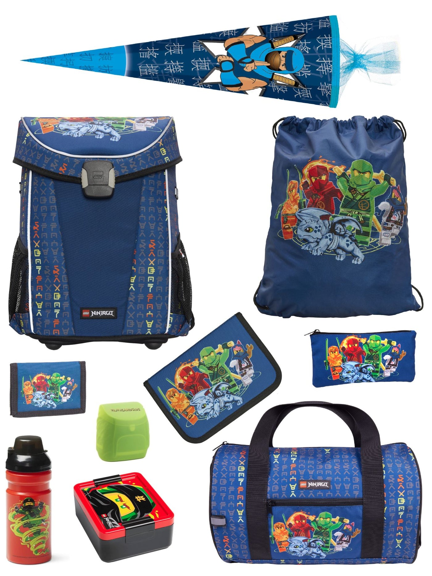 Blauer Lego Ninjago Schulranzen mit Sporttasche, Dose, Flasche, Schultüte / Zuckertüte