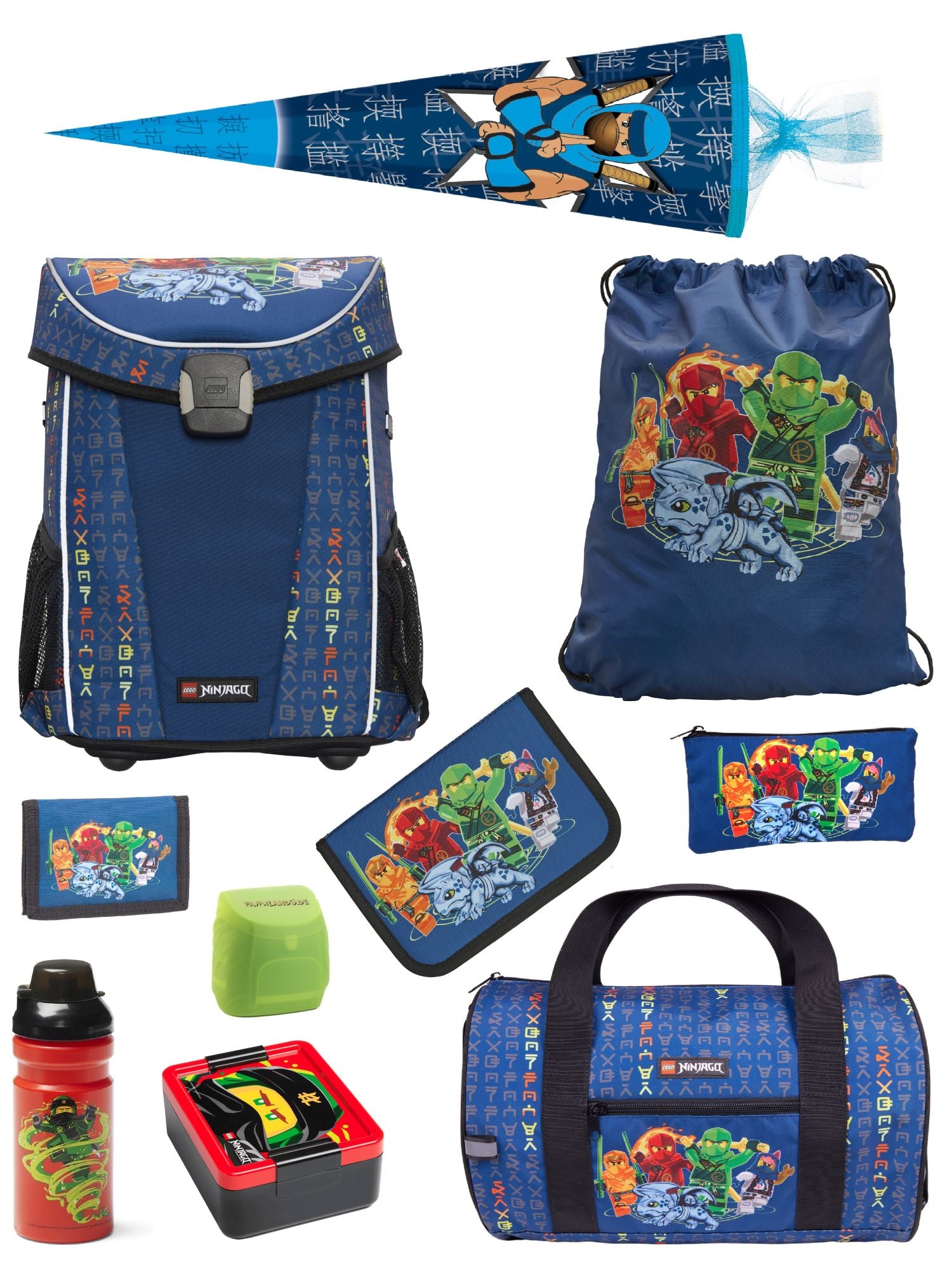 Blauer Lego Ninjago Schulranzen mit Sporttasche, Dose, Flasche, Schultüte / Zuckertüte