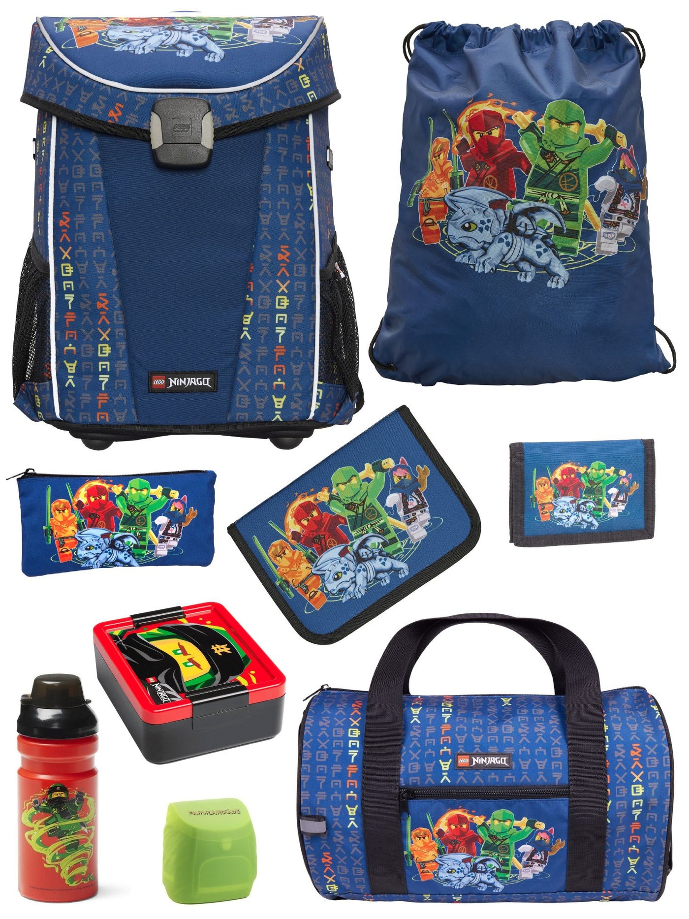 Blauer Lego Ninjago Schulranzen mit Sporttasche, Dose, Flasche