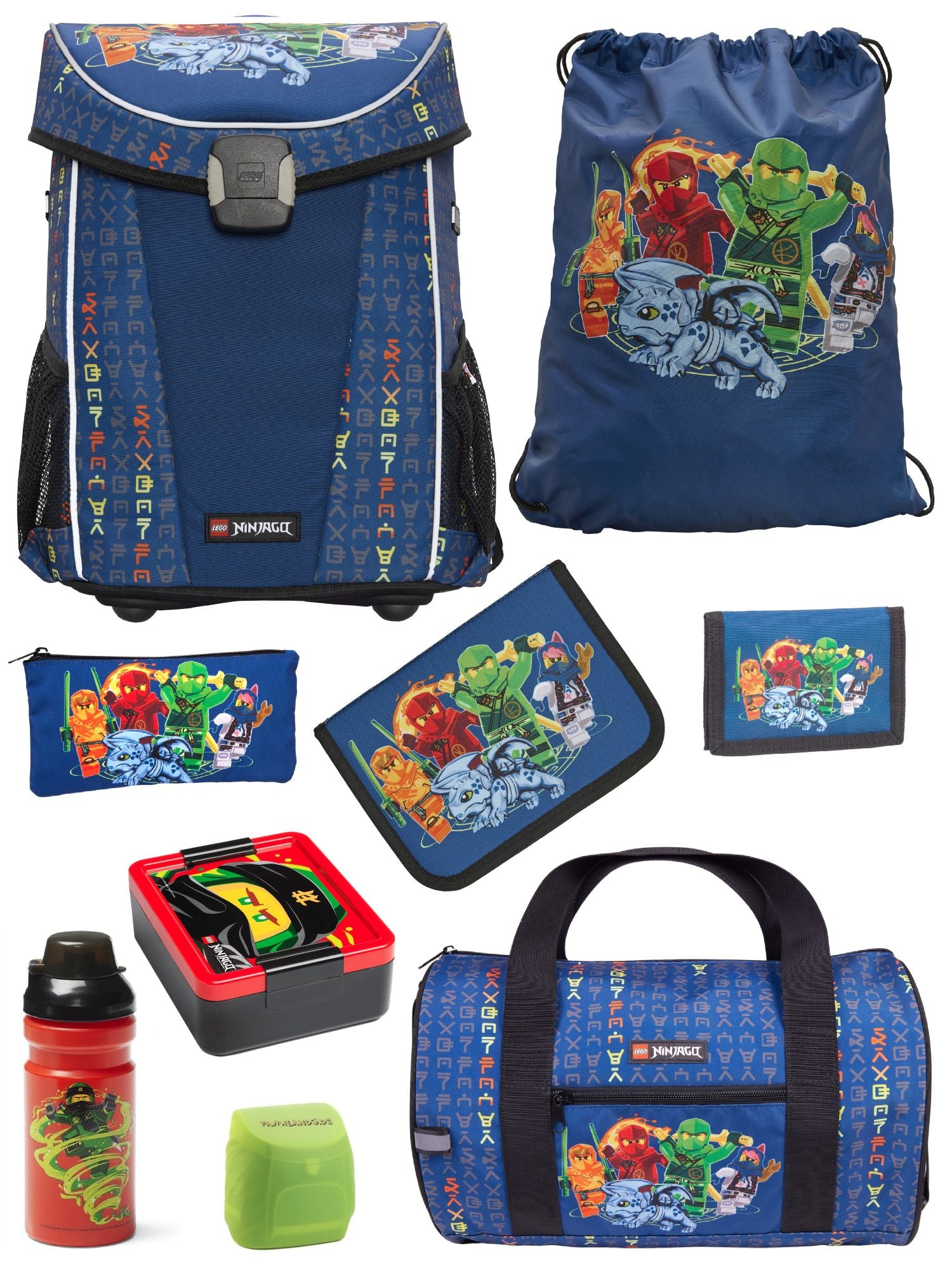 Blauer Lego Ninjago Schulranzen mit Sporttasche, Dose, Flasche