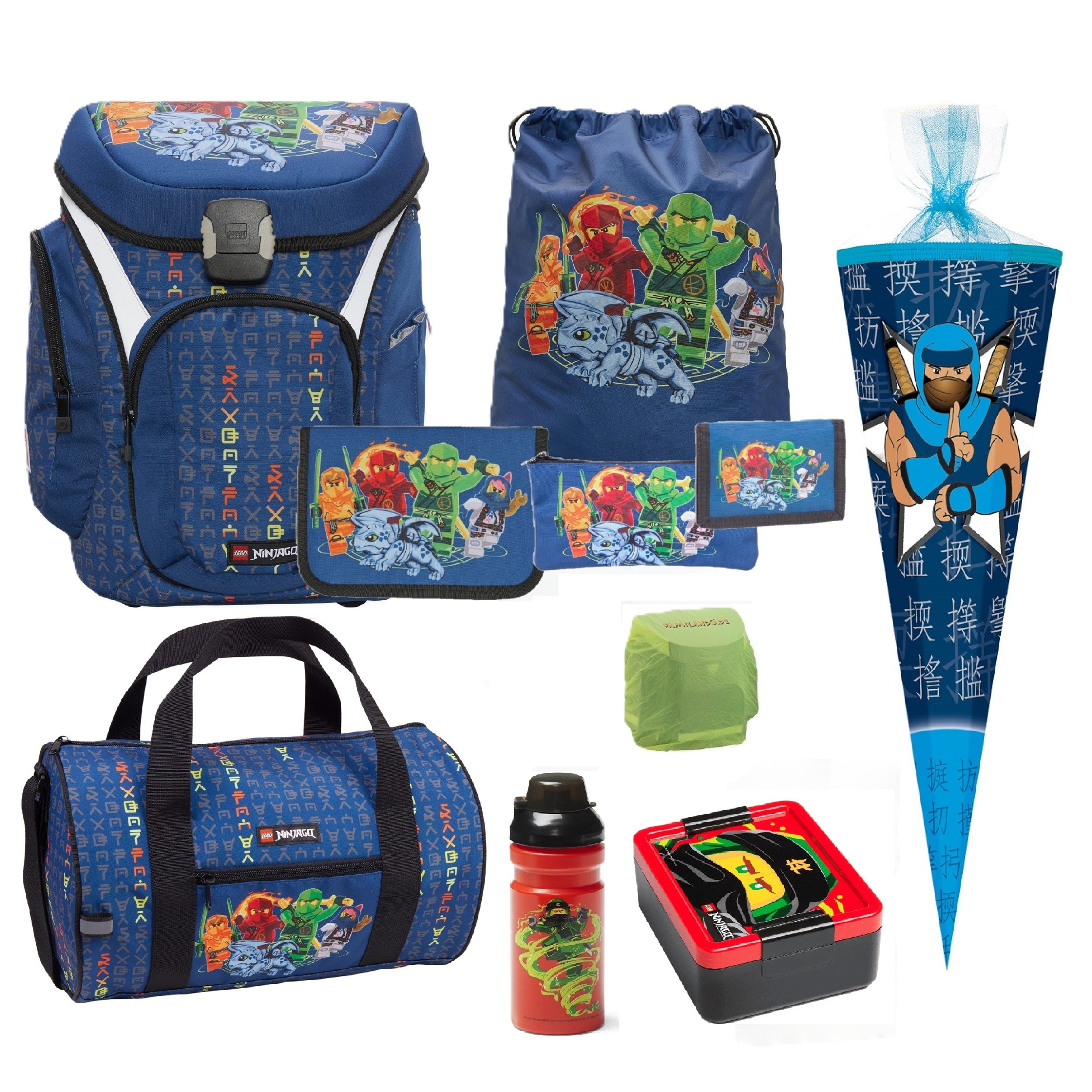 Lego Ninjago Schulranzen Set mit Federmappe, Brotdose, Trinkflasche, Sporttasche und Ninja Schultüte / Zuckertüte