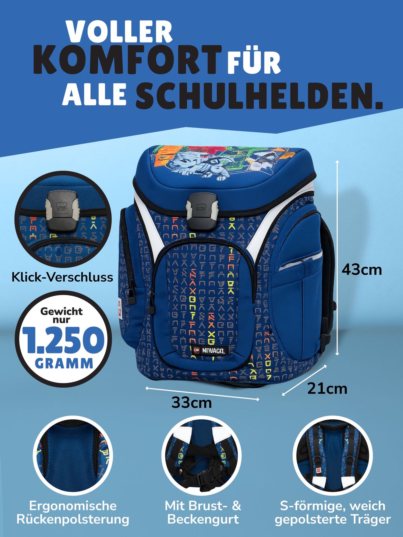 Infotafel zur Ergonomie des Ninjago Schulranzen mit Brust- & Schultergurten, sowie weichem Rückenbett