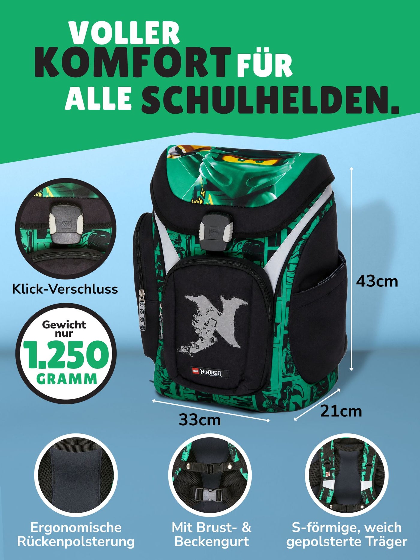 Lego Ninjago Schulranzen Set Explorer Golden Power, Lloyd grün - Ninja Schultasche ab 1. Klasse