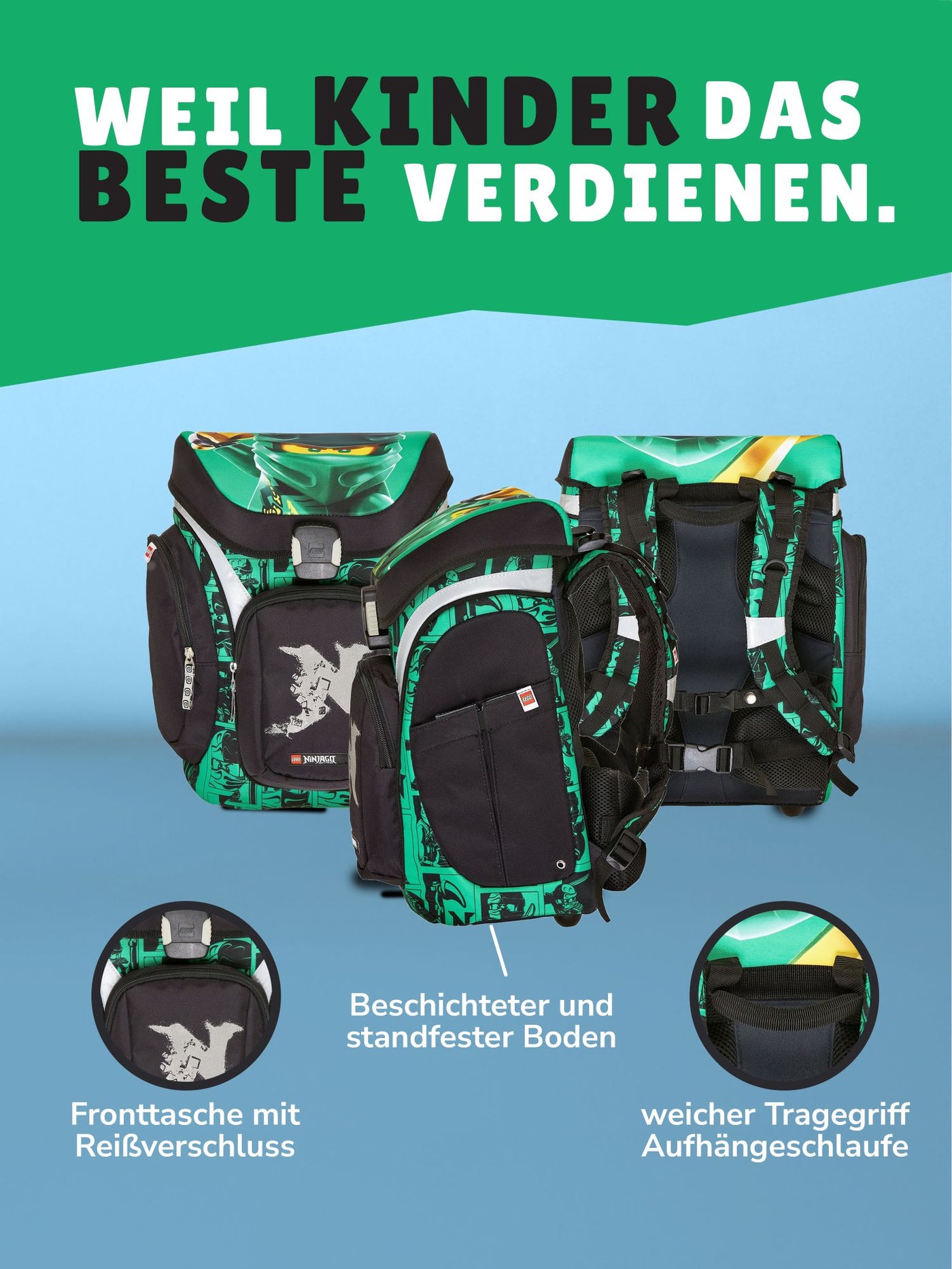 Lego Ninjago Schulranzen Set Explorer Golden Power, Lloyd grün - Ninja Schultasche ab 1. Klasse