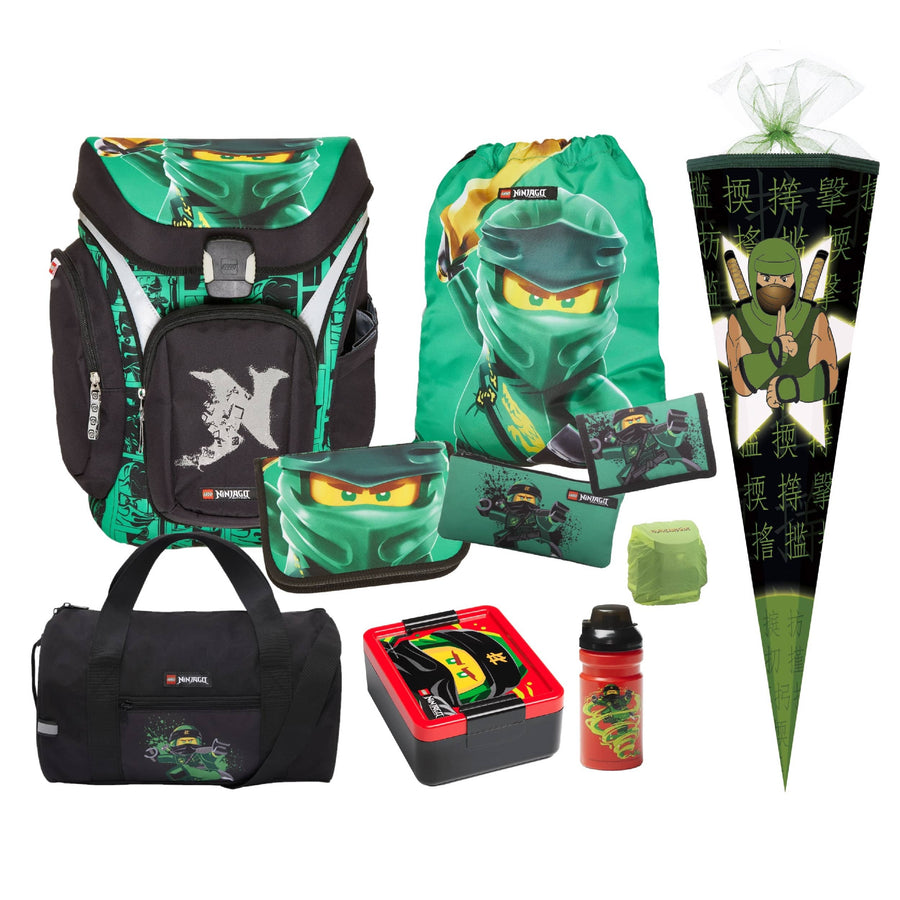 Lego Ninjago Schulranzen Set für Jungen mit Federmappe, Geld- und Turnbeutel, Schlamperrolle, Regenschutz, Dose, Flasche und Schultüte 85 cm