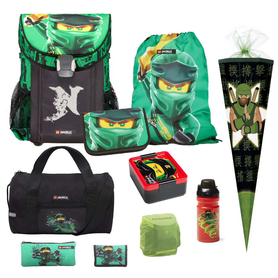 Grüner Lego Ninjago Schulranzen im 10-teiligen Set mit Turn- & Geldbeutel, Schlamperrole, Federmappe, Dose, Flasche, Regenschutz, Sporttasche und Schultüte