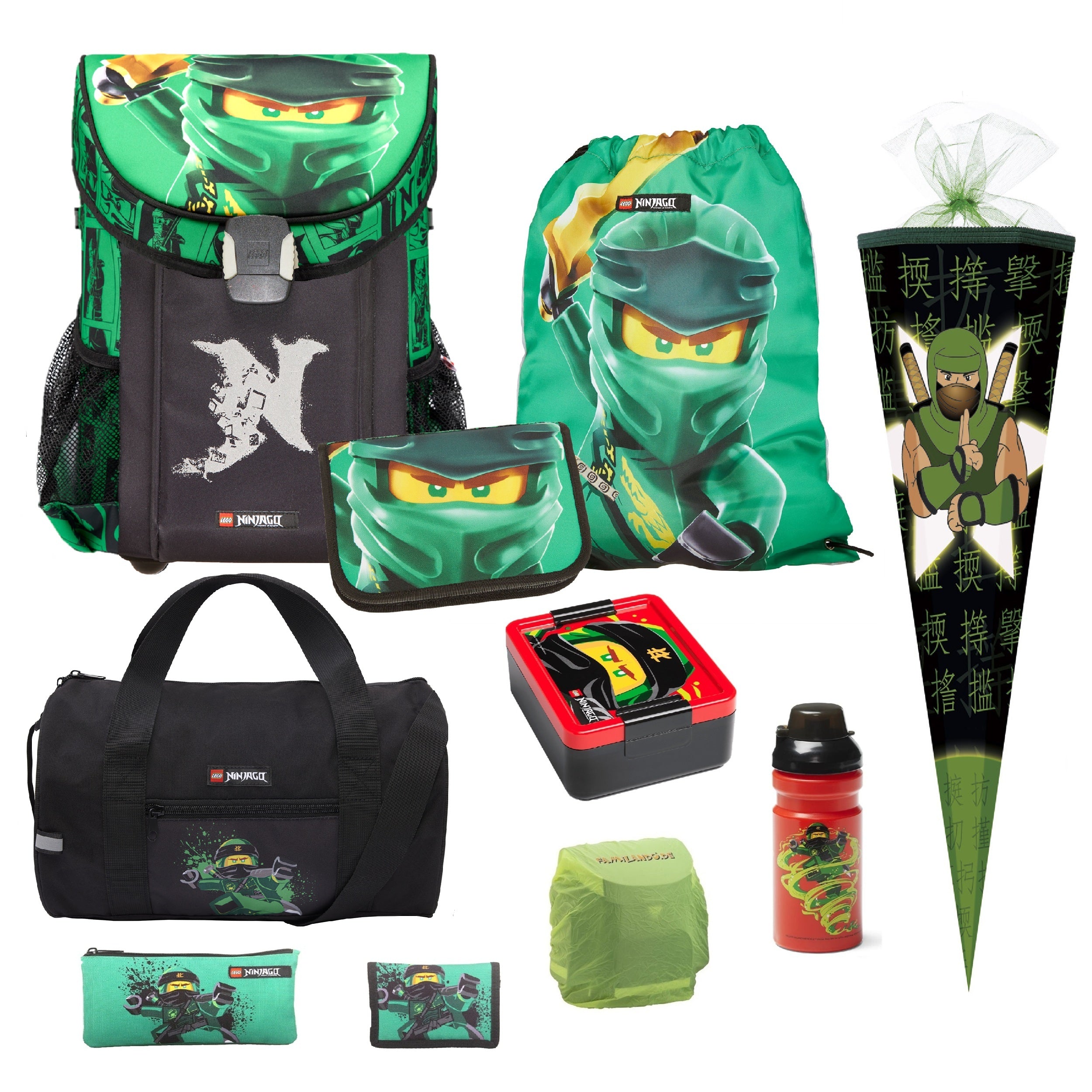Grüner Lego Ninjago Schulranzen im 10-teiligen Set mit Turn- & Geldbeutel, Schlamperrole, Federmappe, Dose, Flasche, Regenschutz, Sporttasche und Schultüte