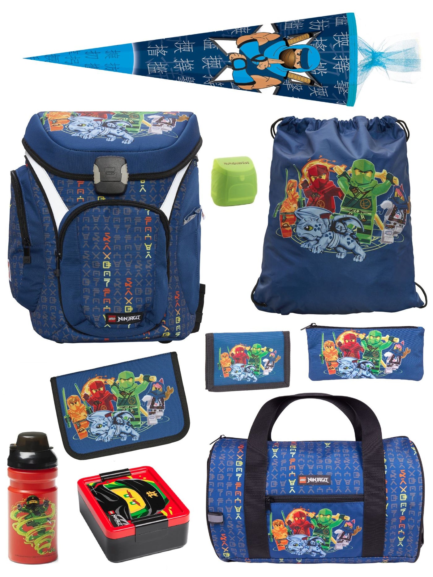 Lego Ninjago Schulranzen Set mit Federmappe, Brotdose, Trinkflasche, Sporttasche und Ninja Schultüte / Zuckertüte