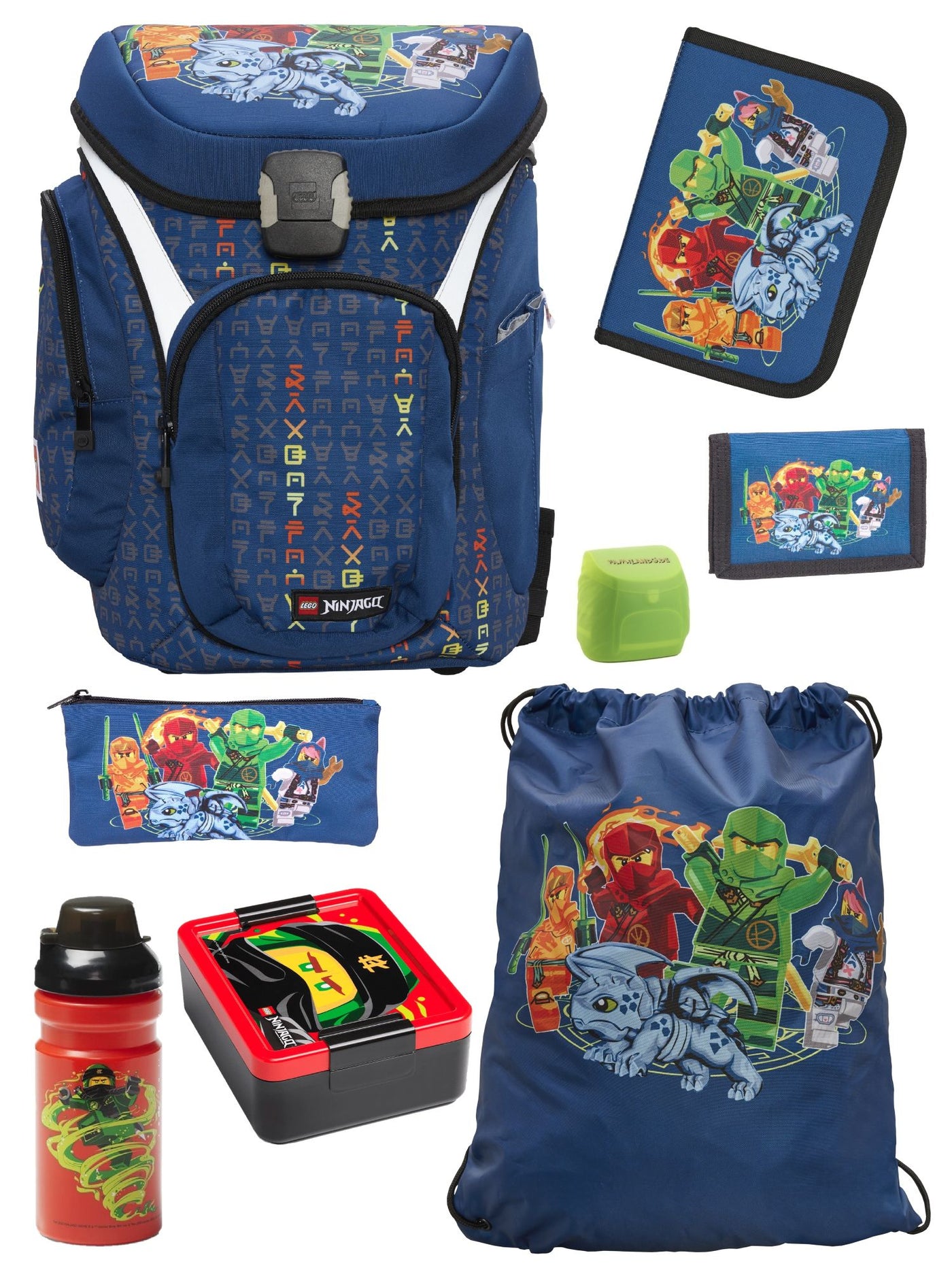 Lego Ninjago Schulranzen Set mit Federmappe, Brot-Dose und Trink-Flasche