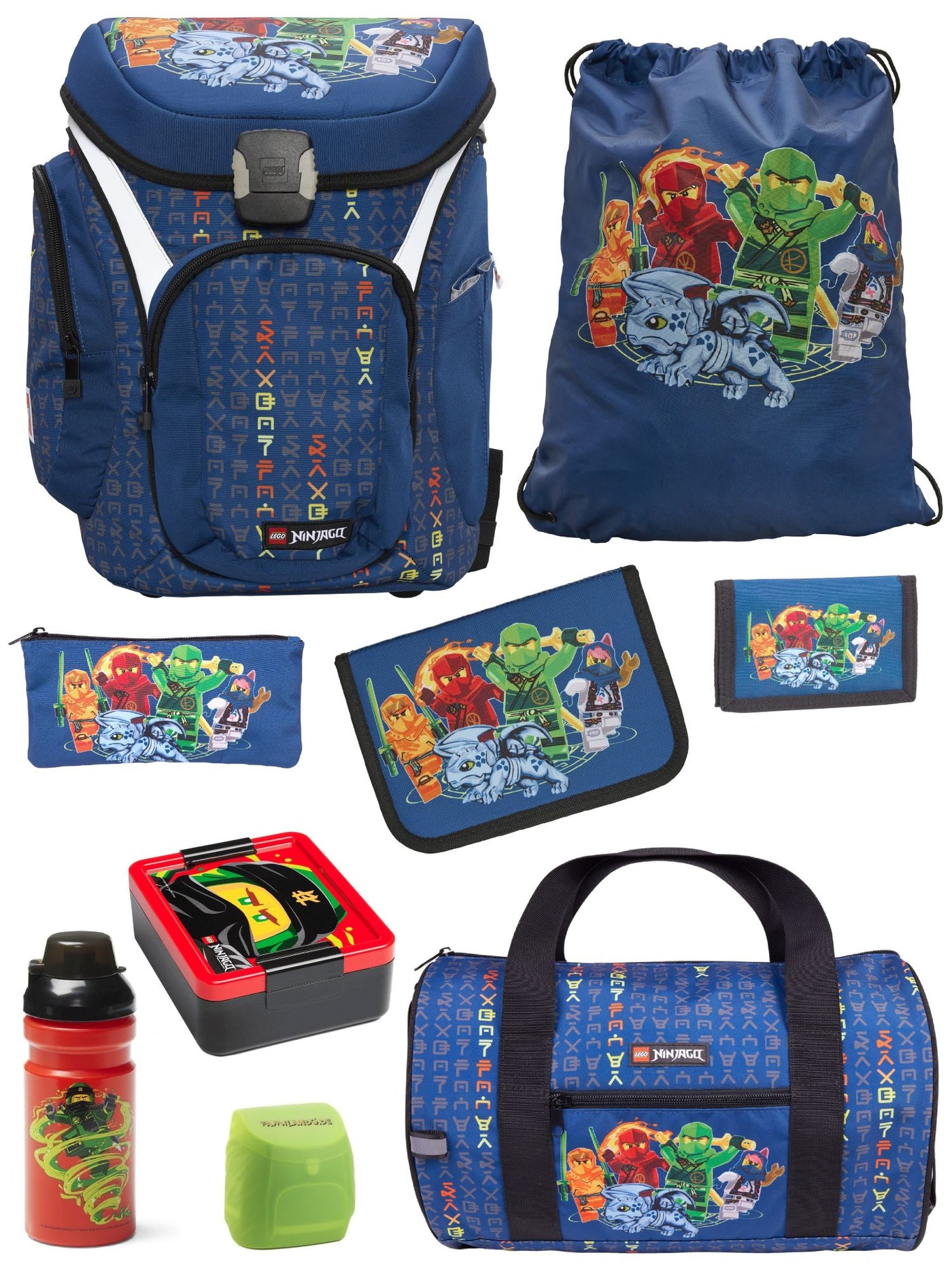 Lego Ninjago Schulranzen Set mit Federmappe, Brotdose, Trinkflasche und Sporttasche