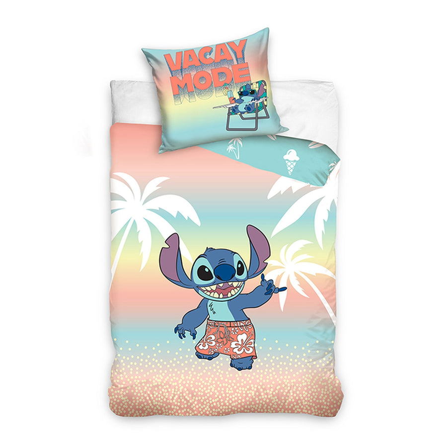 Lilo und Stitch Bettwäsche Vorderseite mit Stitch zwischen Blätter und Palmen