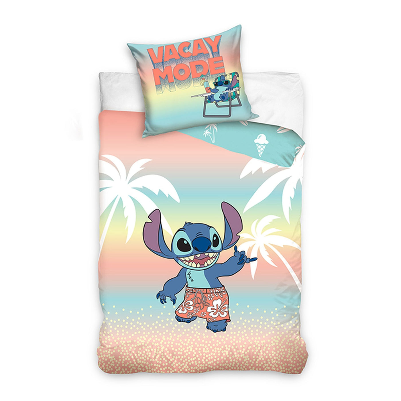 Lilo und Stitch Bettwäsche Vorderseite mit Stitch zwischen Blätter und Palmen