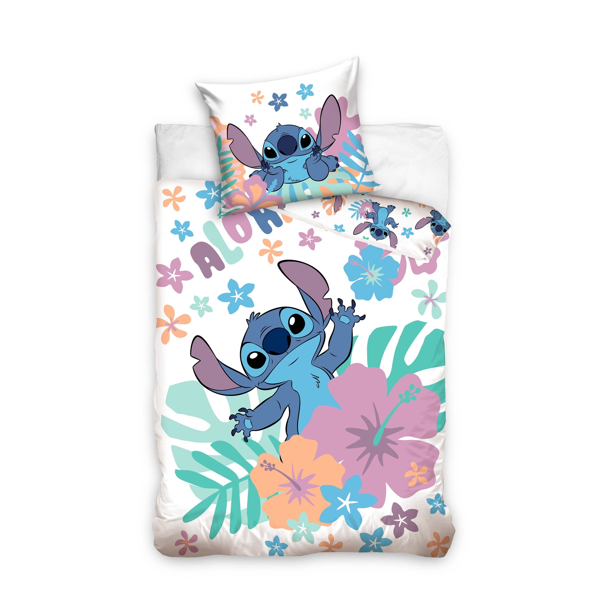 Lilo und Stitch Bettwäsche in türkis mit Motiv Aloha Vorderseite mit Stitch zwischen Blätter und Palmen