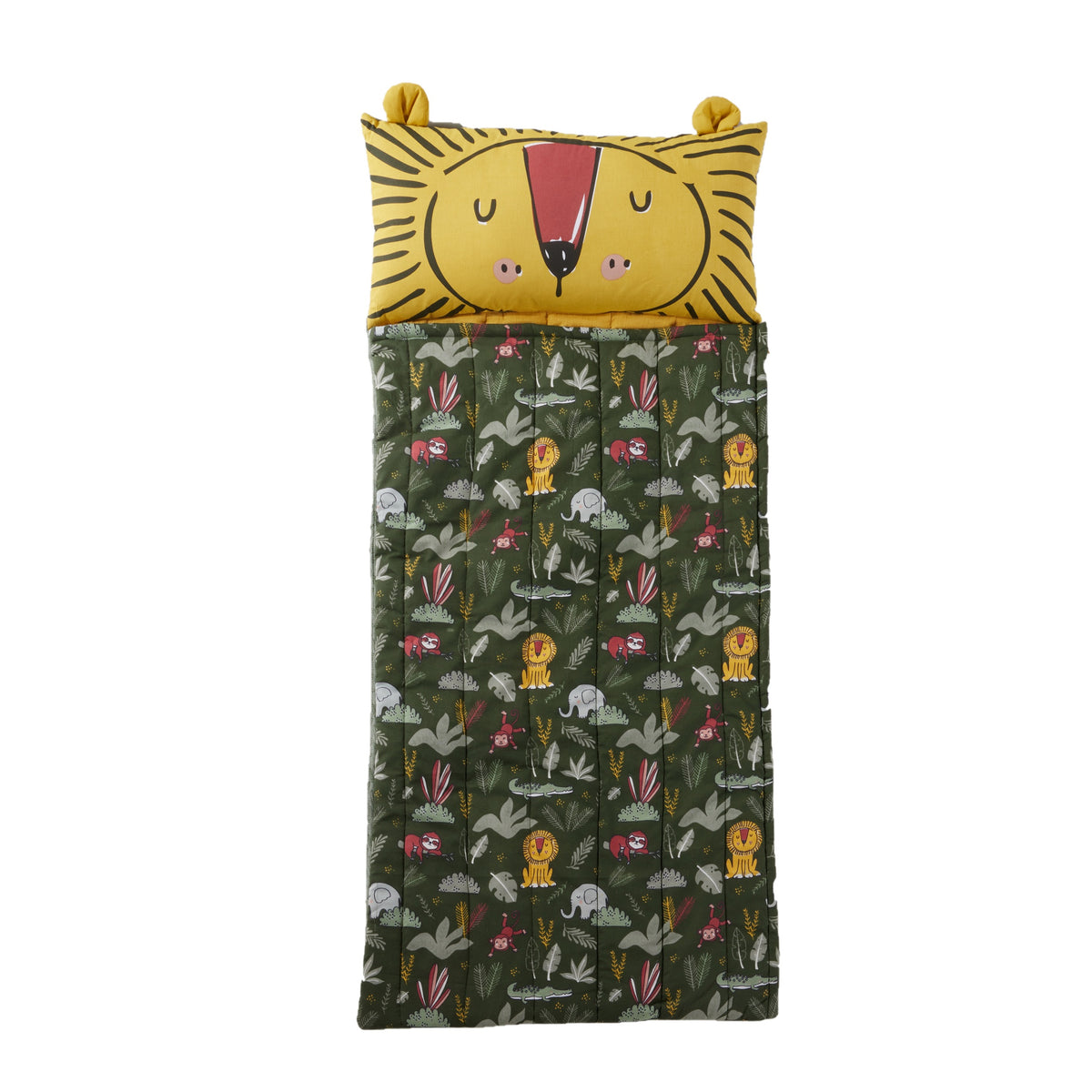 Schlafsack grün mit Dschungelmotiv und angenähtem Kopfkissen in Form eines Löwenkopf gelb