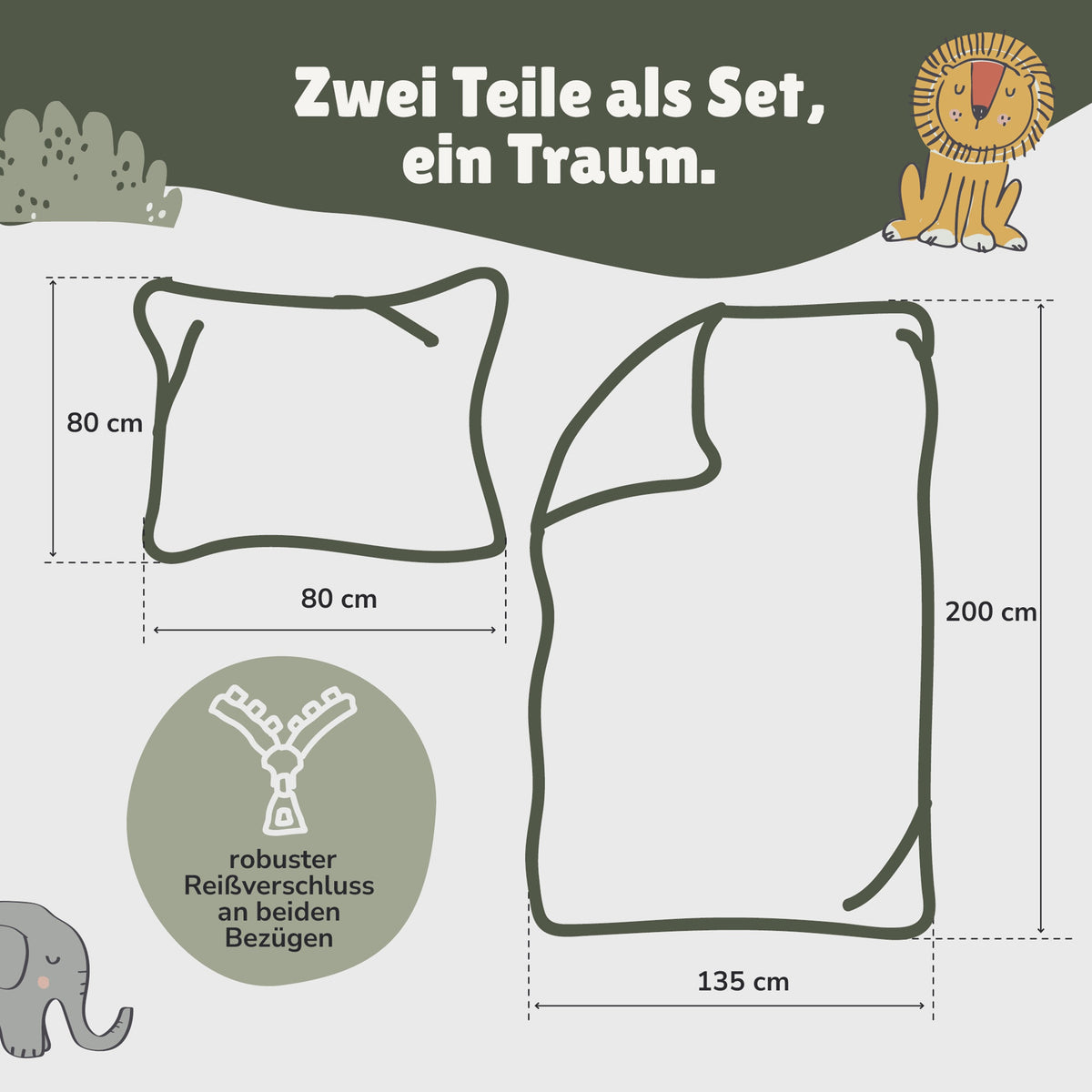Infotafel Lieferumfang des 2-teiligen Sets bestehend aus Deckenbezug 135x200 cm und Kissenbezug 80x80 cm