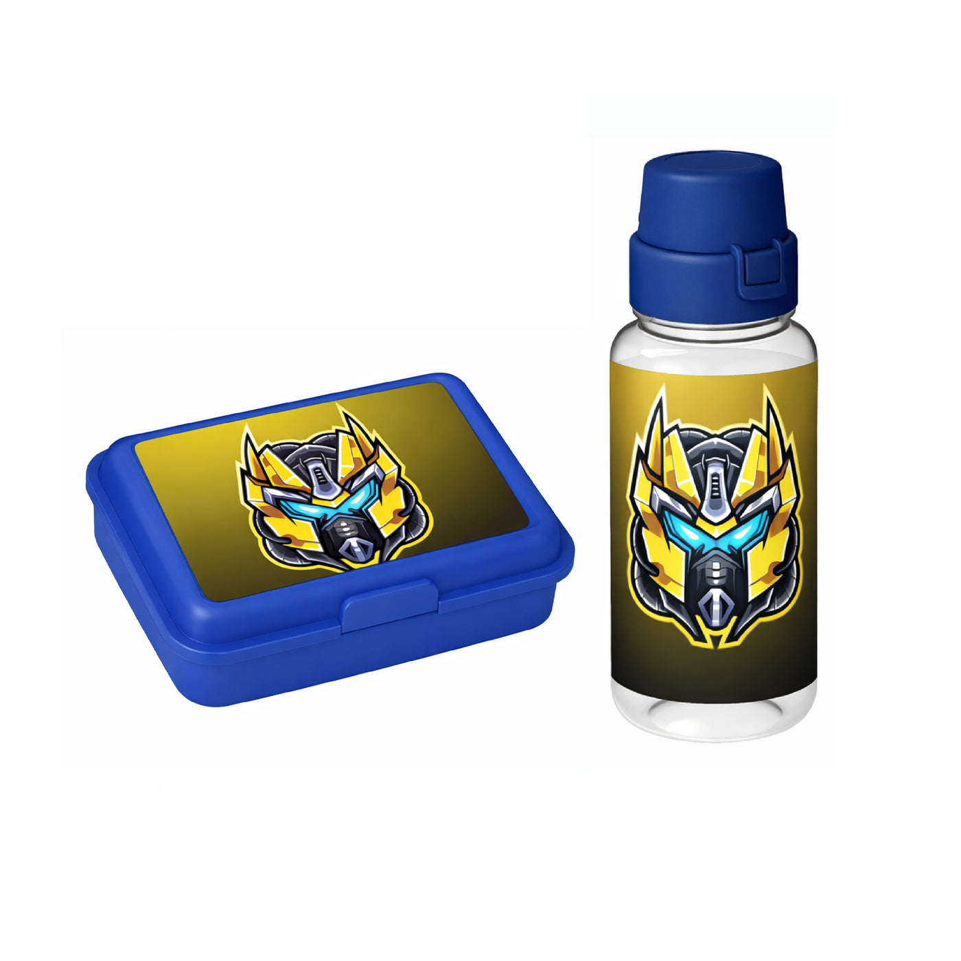 Brotdose blau und Trinkflasche transparent mit gelben Transformer passendem Aufdruck