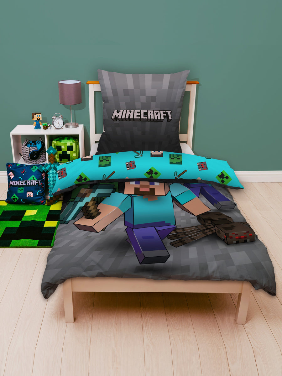 Minecraft Bettwäsche Set, türkis, 2-teilig, Motiv Ores - Deckenbezug 135x200 Kissenbezug 80x80 cm - Microfaser Kinderbettwäsche mit Reißverschluss