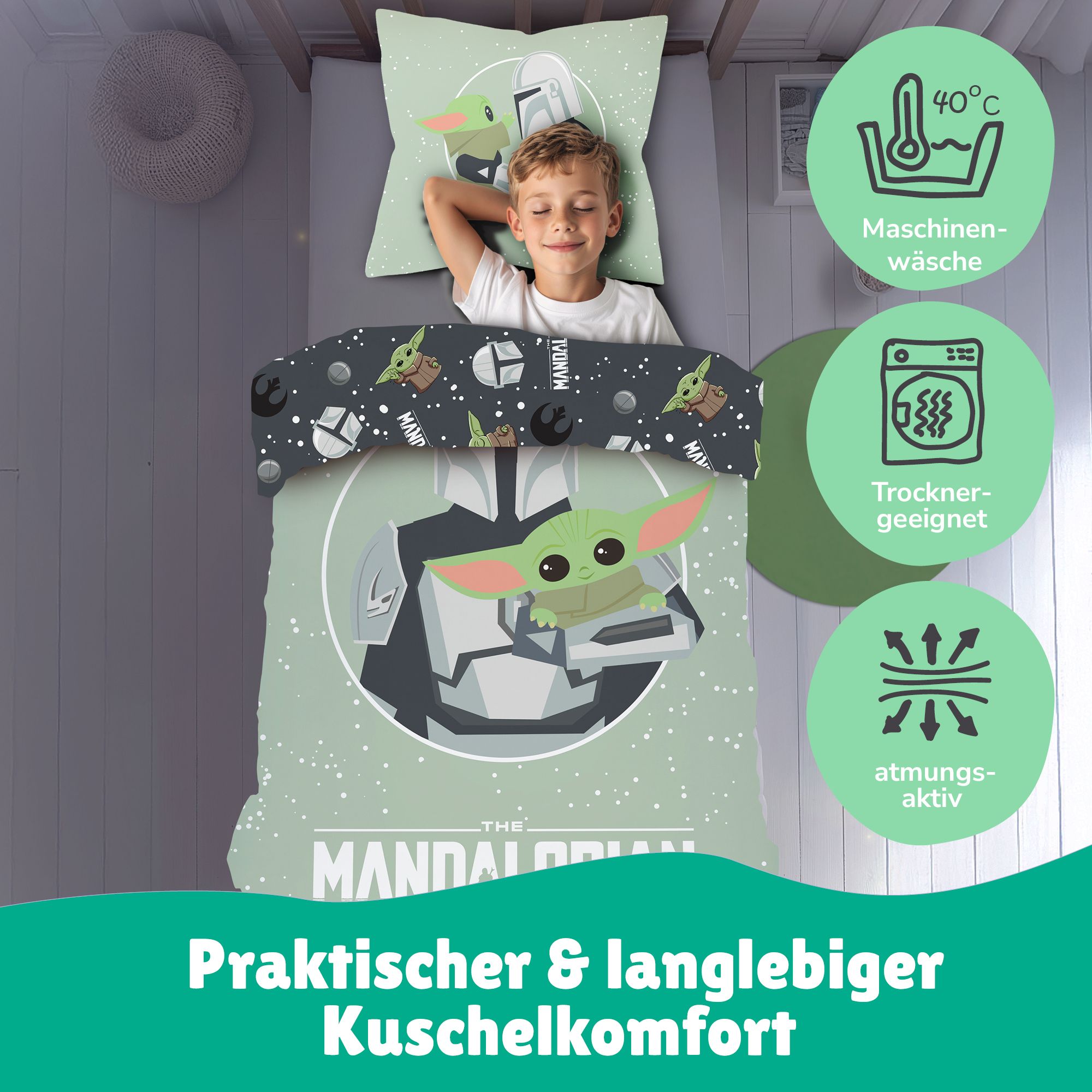 Star Wars Bettwäsche "Mandalorian" 135x200cm 80x80cm 100% Baumwolle Renforcé mit Reißverschluss
