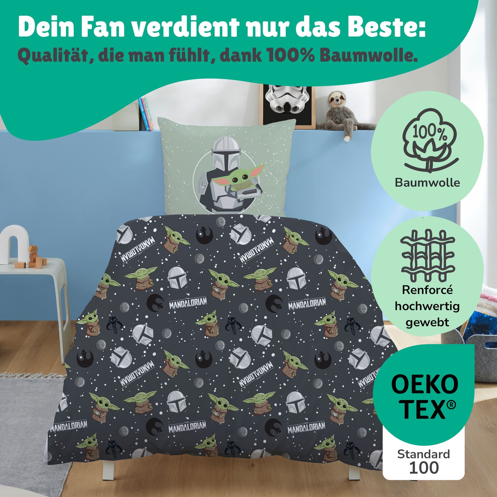 Star Wars Bettwäsche "Mandalorian" 135x200cm 80x80cm 100% Baumwolle Renforcé mit Reißverschluss