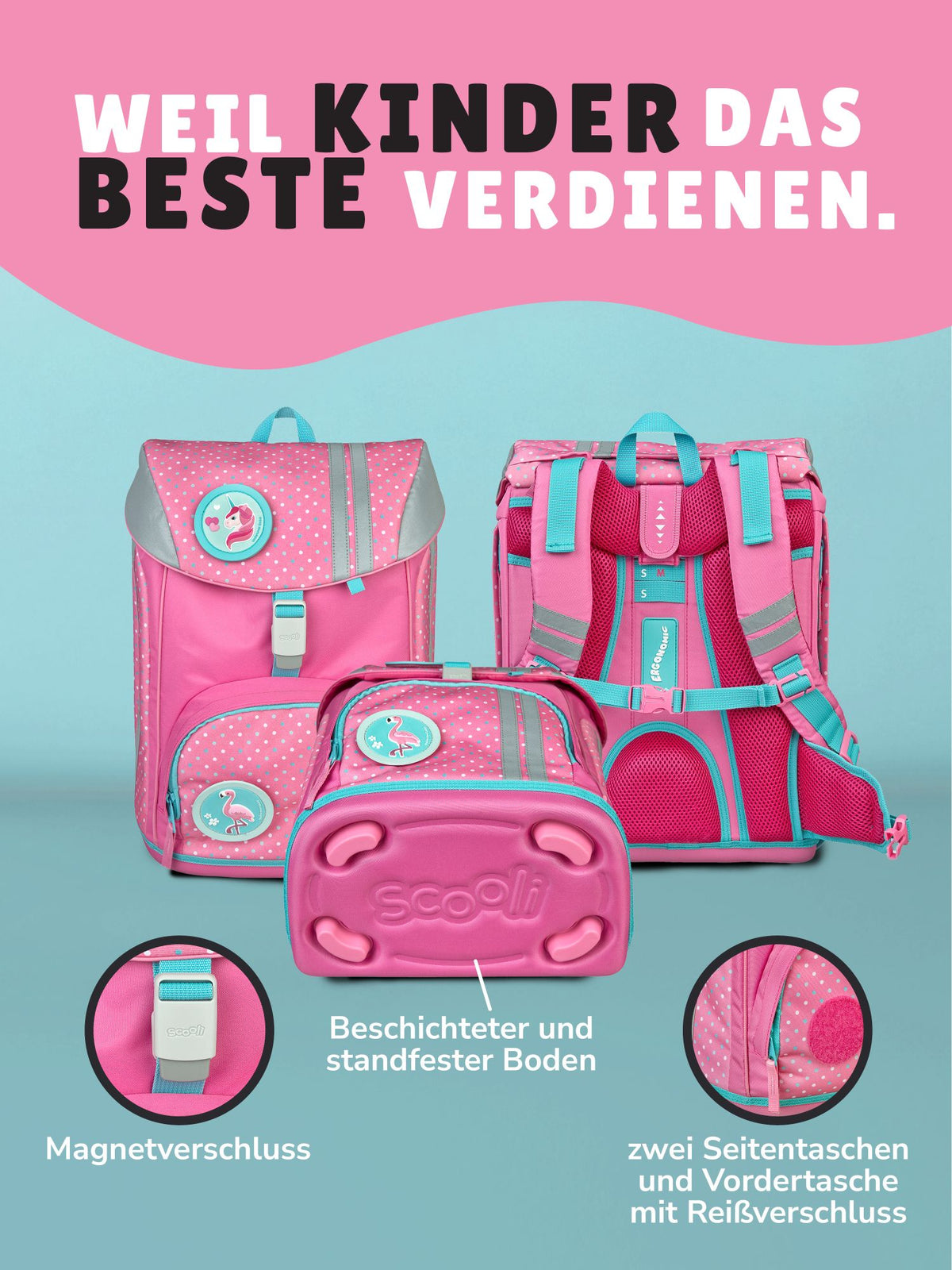 Mädchen Schulranzen Set 1. Klasse Scooli ergonomischer, leichter Schulrucksack mit Motiv Klettis