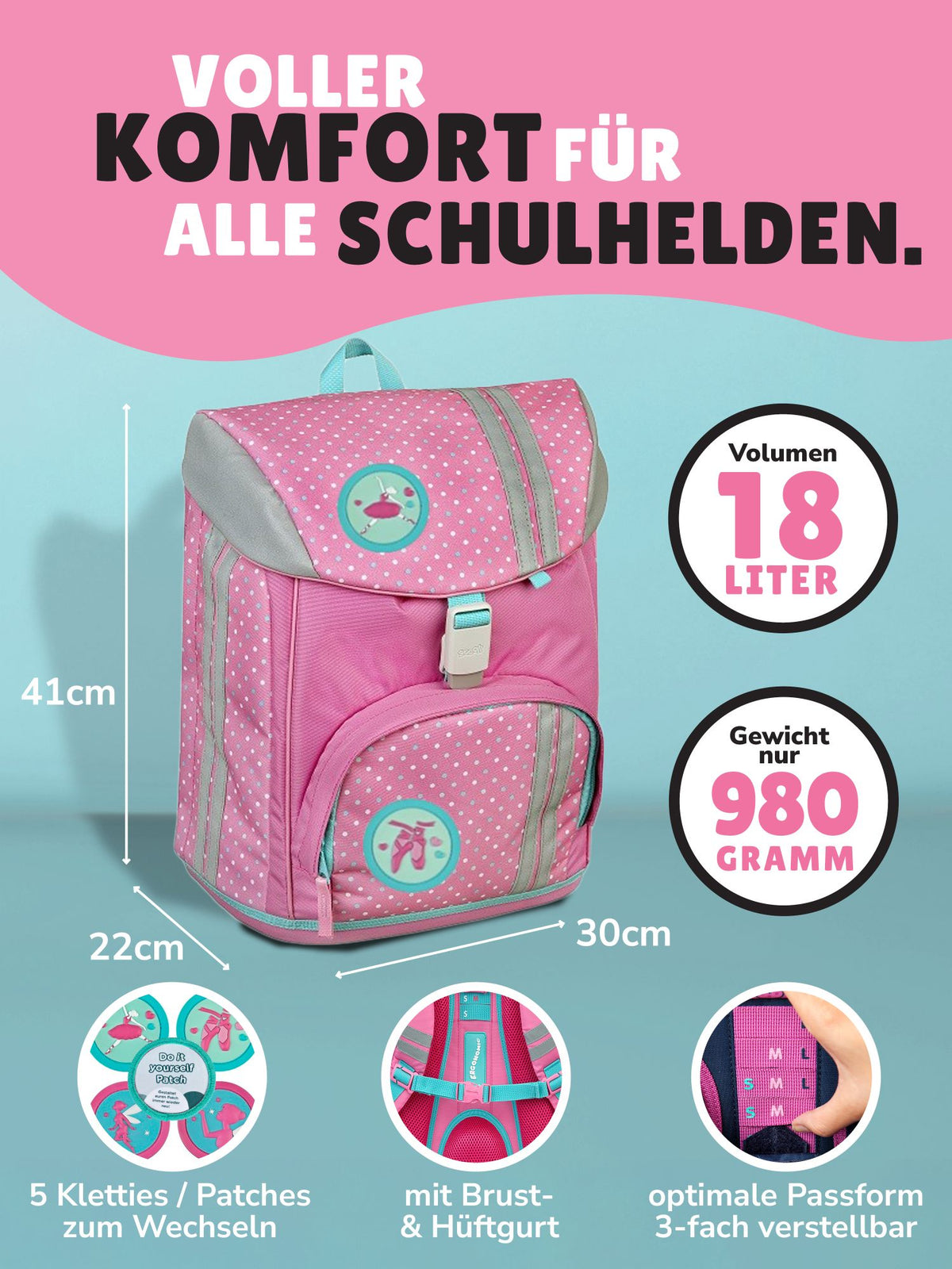 Mädchen Schulranzen Set 1. Klasse Scooli ergonomischer, leichter Schulrucksack mit Motiv Klettis
