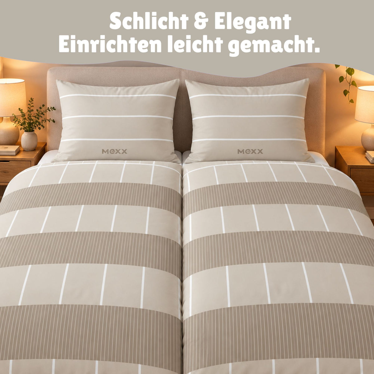  Bettwäsche beige mit dünnen weißen und breiten hellbraunen Streifen und MEXX Schriftzug auf Kopfkissen