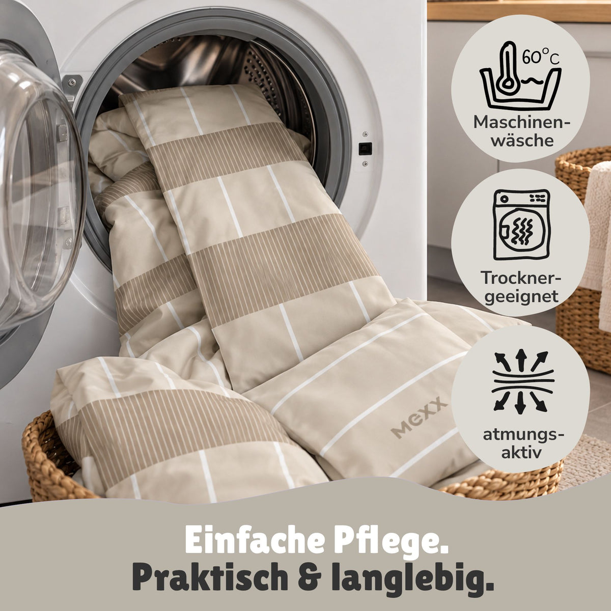 Frau kuschelt sich in beige Mexx Bettwäsche