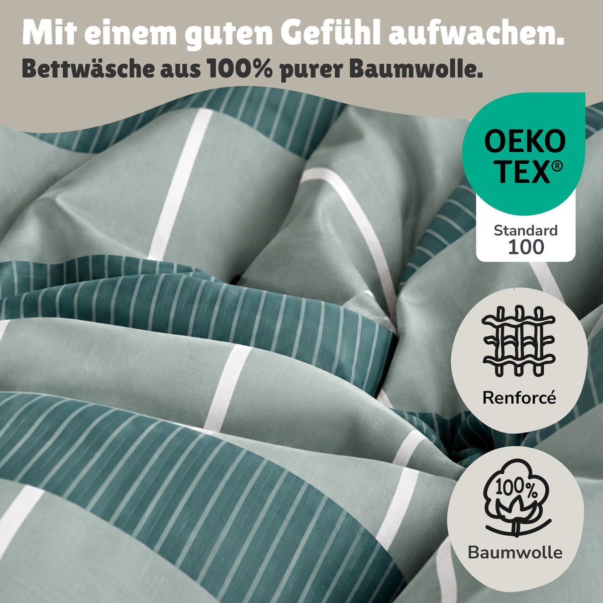 Infotafel Material und Waschhinweise der Bettwäsche aus 100% Baumwolle mit Reißverschluss 