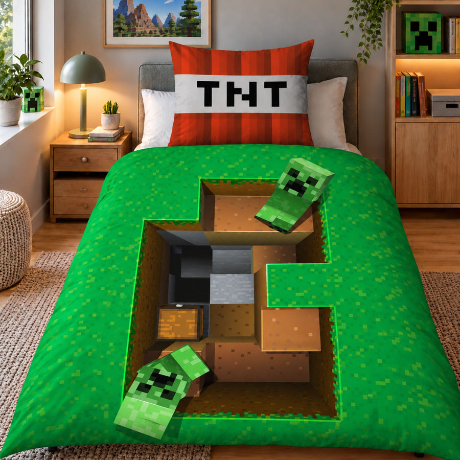 Minecraft Bettwäsche mit 3D Motiv auf Bett gezogen