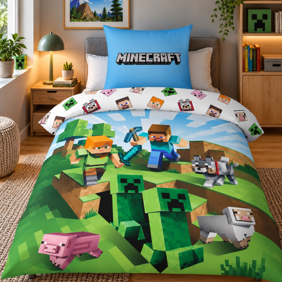 Vorderseite Minecraft Bettwäsche mit wichtigen Charakteren auf grün blauem Grund aufs Bett gezogen und Minecraft Schriftzug auf Kopfkissen