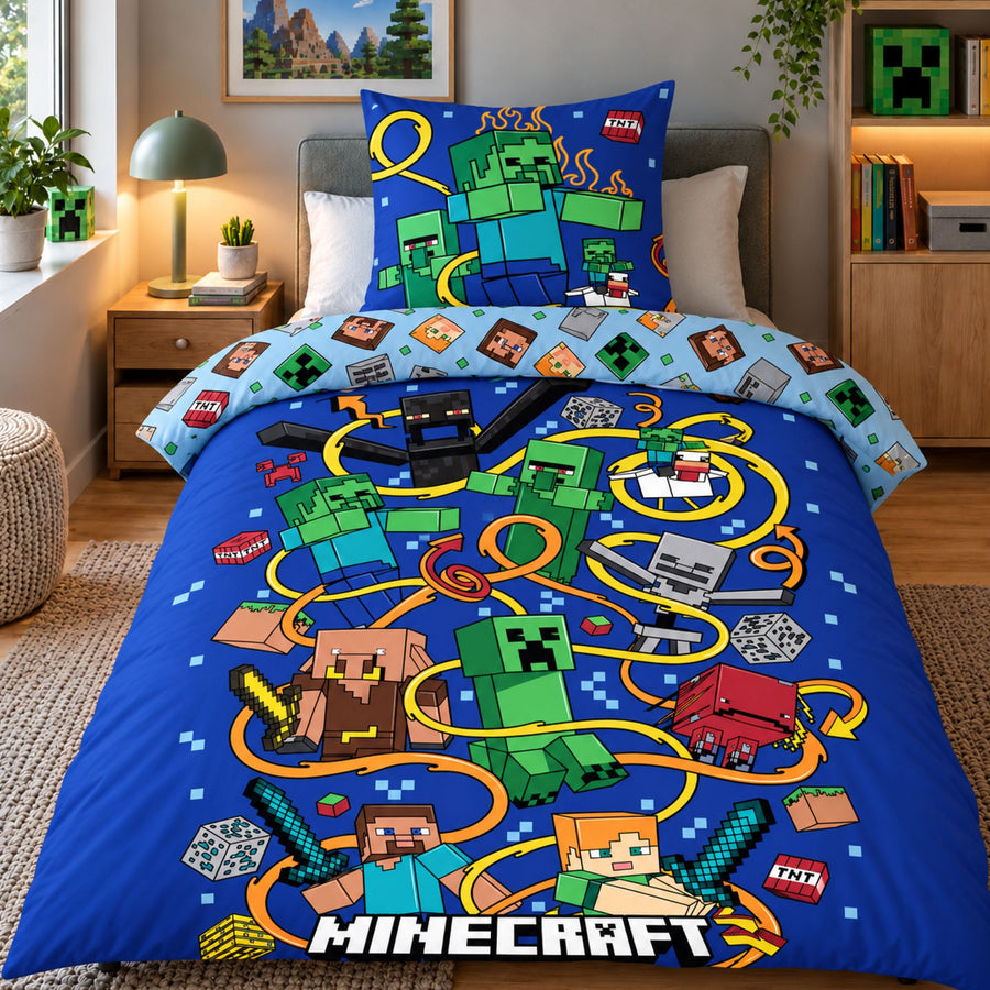Minecraft Bettwäsche Vorderseite dunkelblau mit vielen Charakteren und Schriftzug 