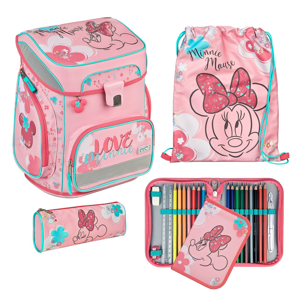 Rosa Minnie Mouse Ranzen im 4-teilige Set mit Federmappe, Schlamperrolle und Turnbeutel