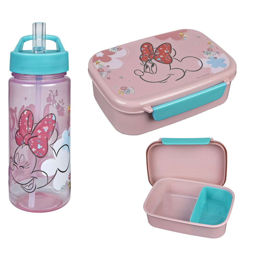Brotdose und Trinkflasche in rosa pastell mit passend zum Minnie Mouse Schulranzen