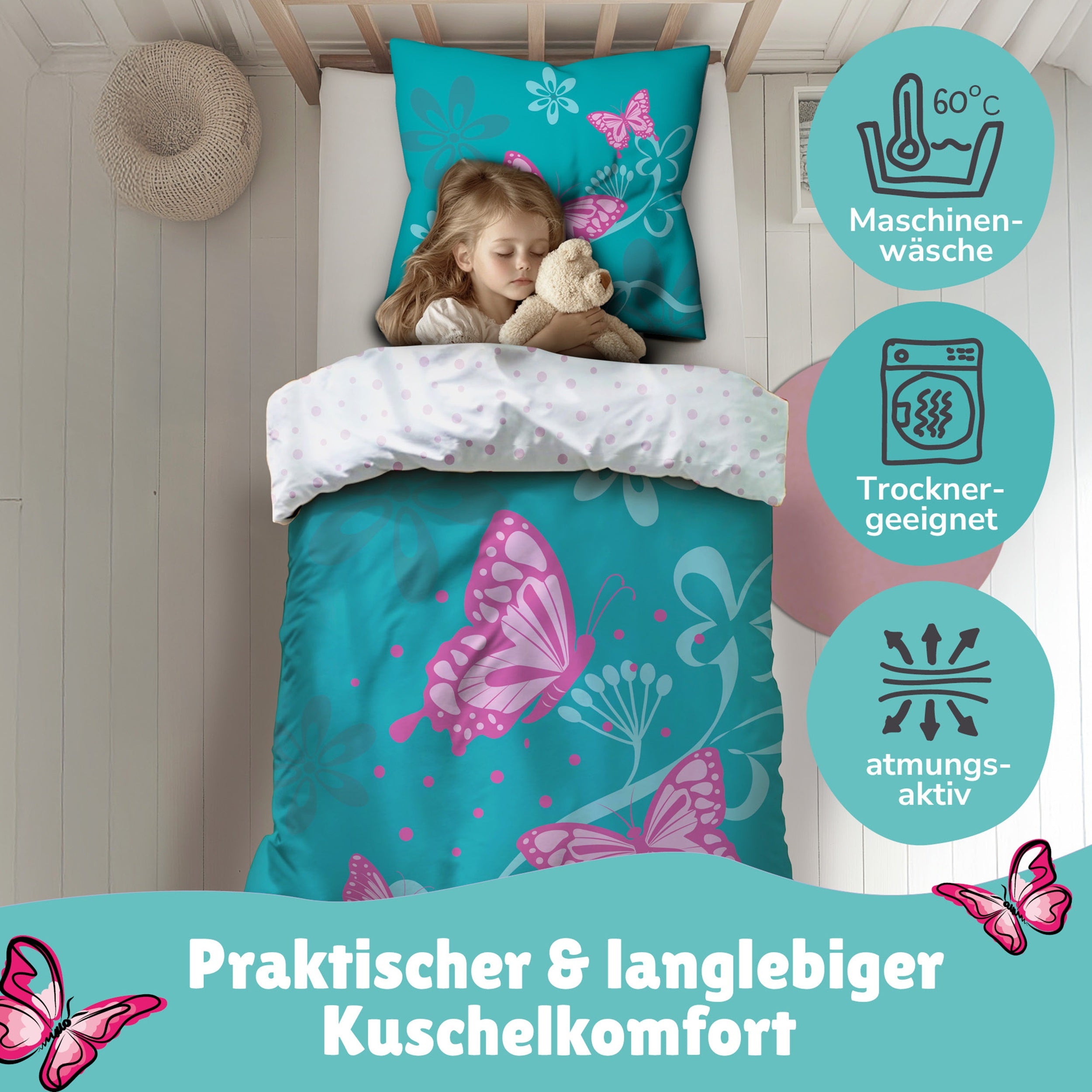 Mädchen schläft selig im Bett mit türkiser Bettwäsche - Vorderseite mit rosa Schmetterlingen 