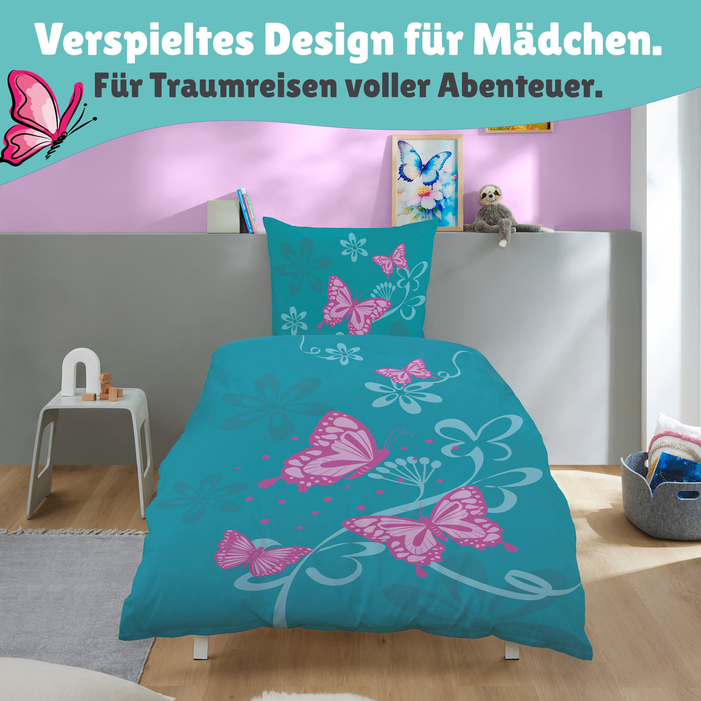 Detailansicht Vorderseite rosa Schmetterlinge in verschiedenen Größen vor türkisem Grund