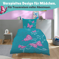 Detailansicht Vorderseite rosa Schmetterlinge in verschiedenen Größen vor türkisem Grund