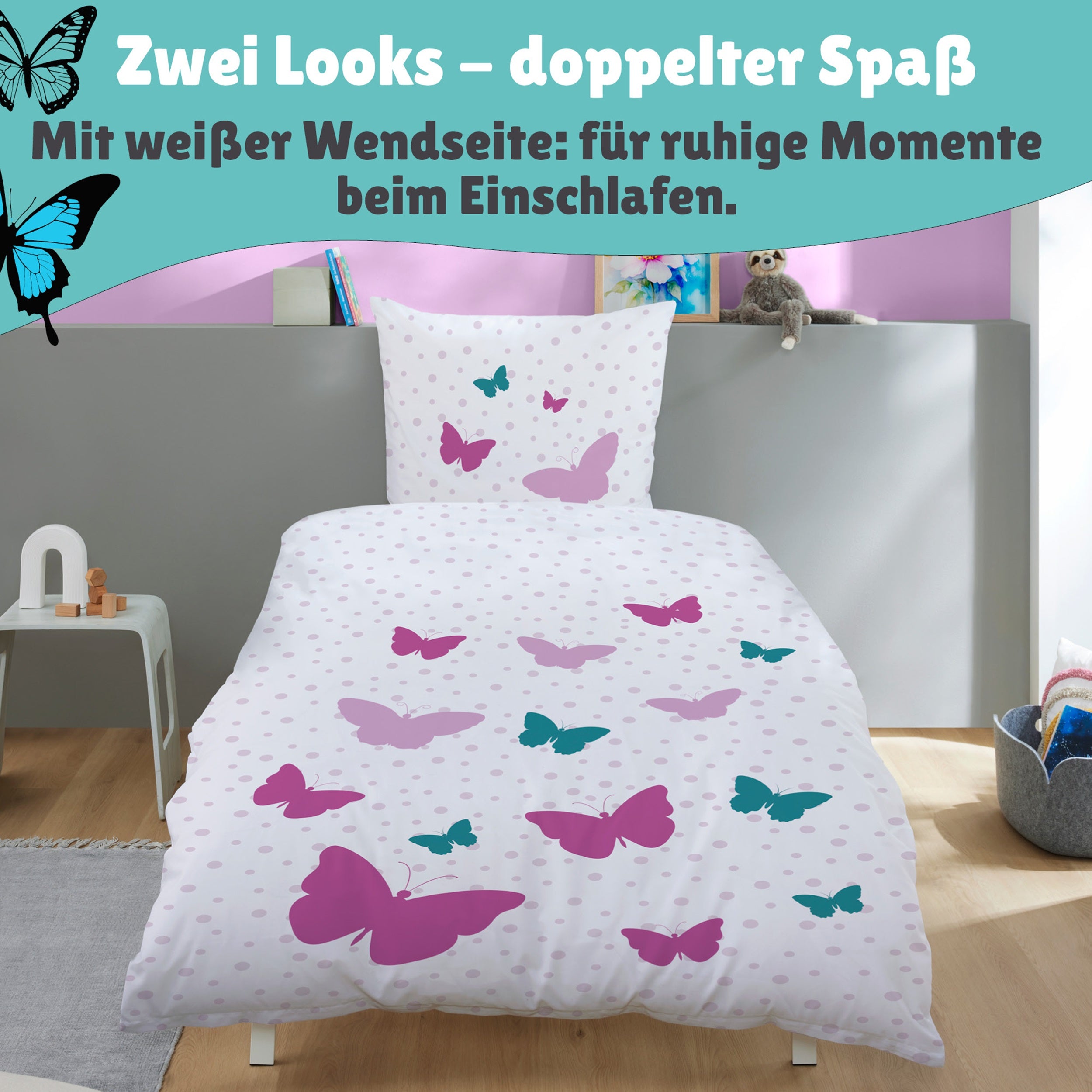 Infotafel + Detailansicht weiße Wendeseite mit rosa und türkisen Schmetterlingen Silhouetten in verschiedenen Größen