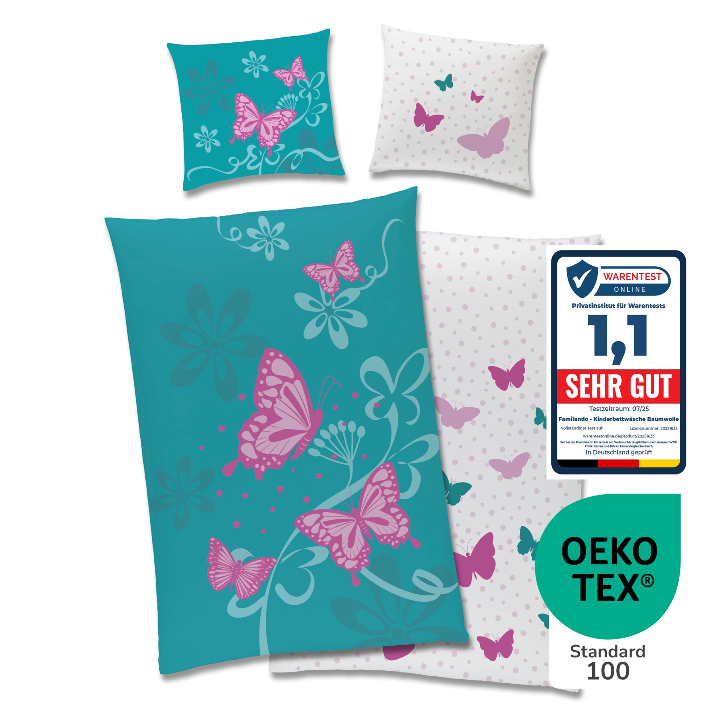 Infotafel Note 1,1 von Warentest Online für Baumwoll-Bettwäsche von Familando