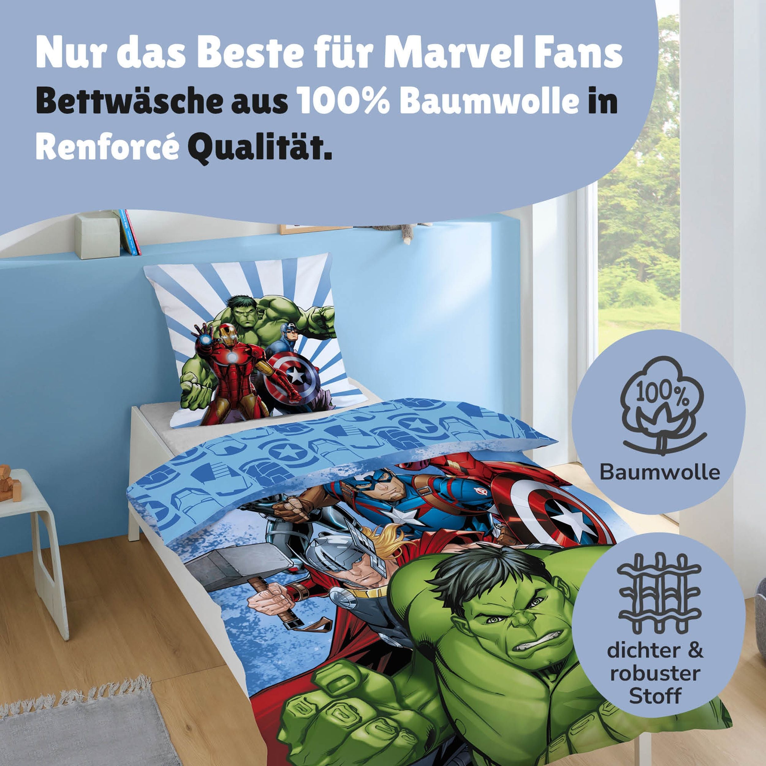 Vorderseite mit Avengers Charakteren auf Bettdecken und Kopfkissenbezug
