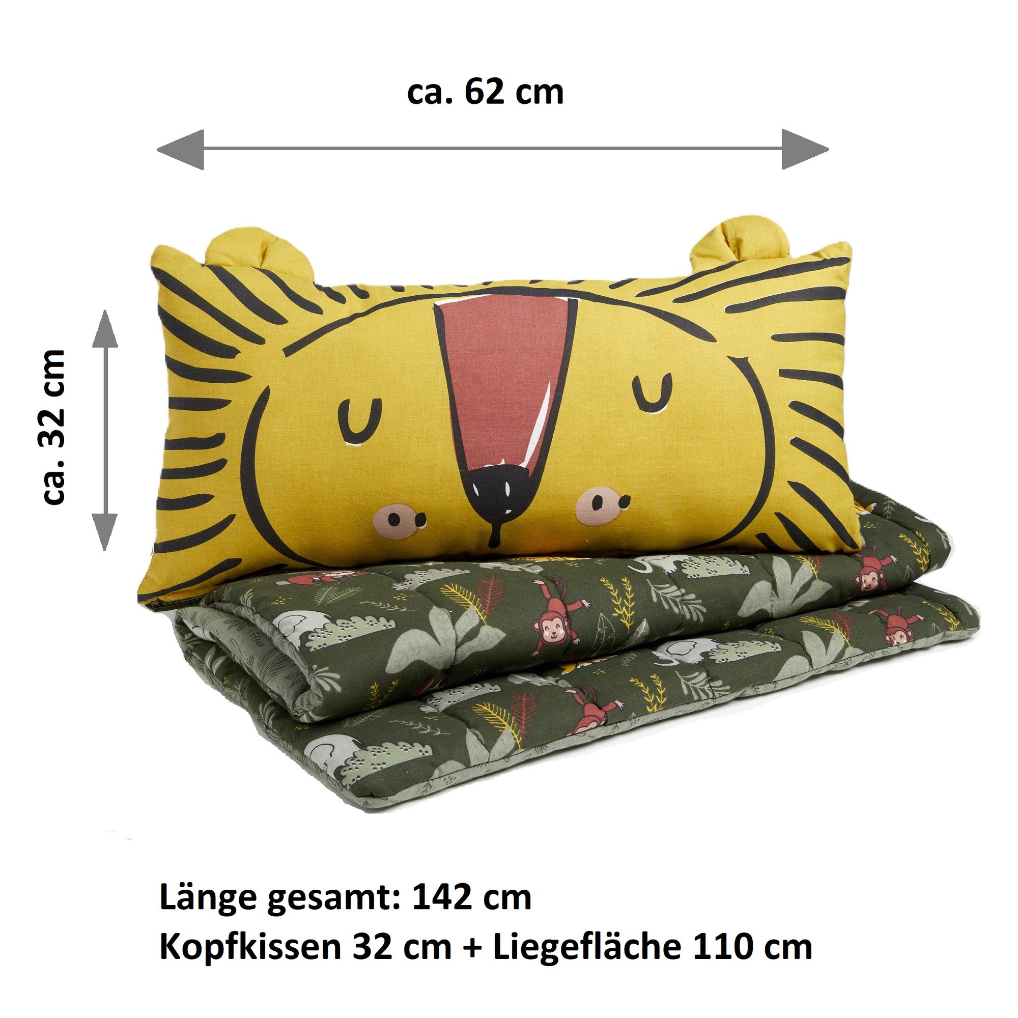 Schlafsack gefaltet mit Maßangaben Breite 62 cm Kopfkissen 32 cm und Liegefläche 110 cm