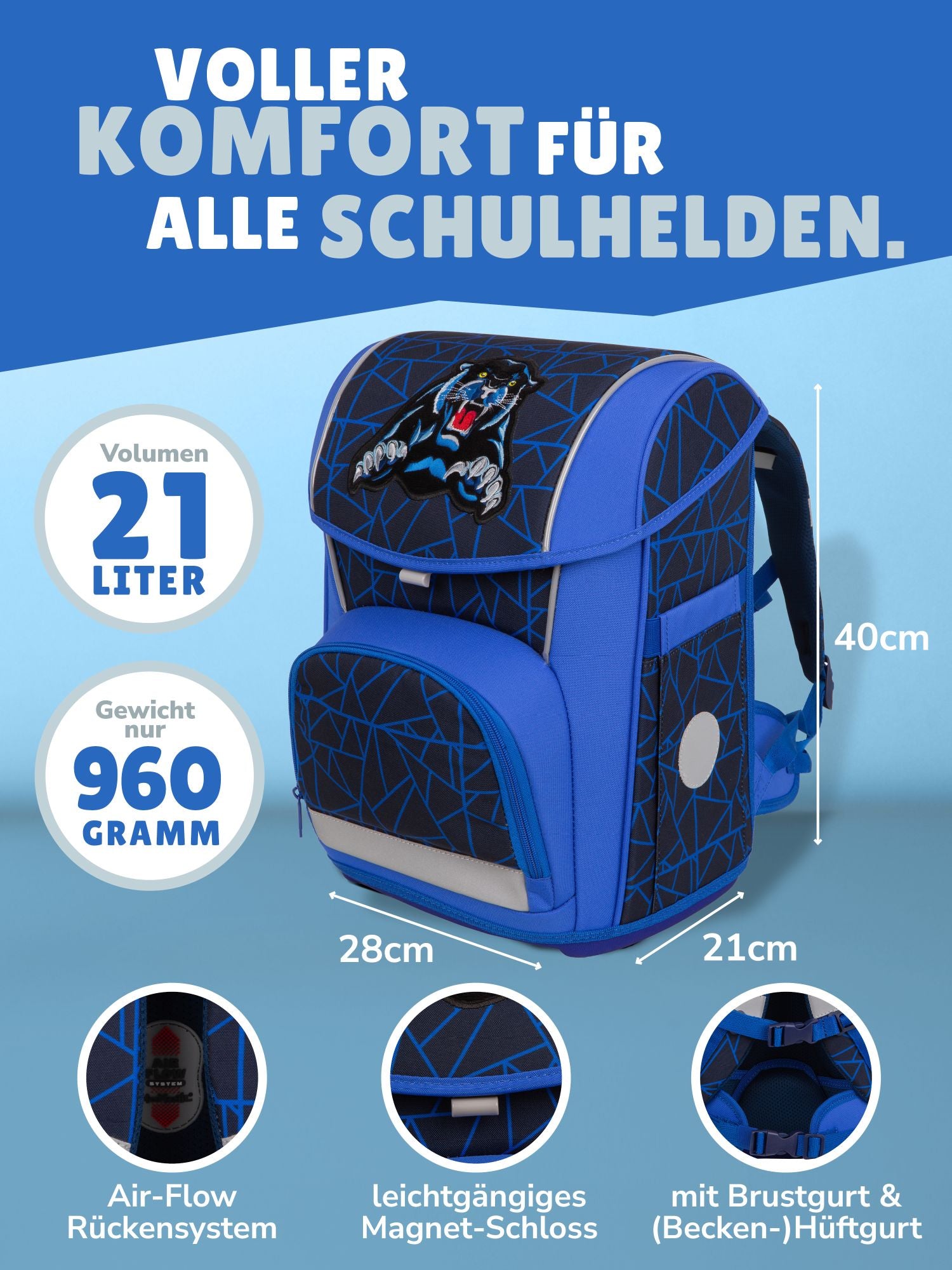 Frontansicht Schulranzen mit Frontfach und Deckel im blauen Panther Design 