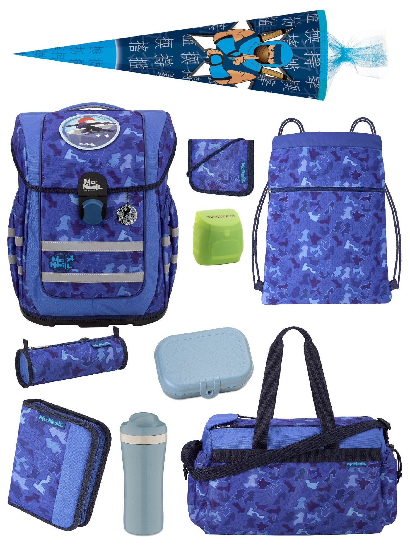 Blauer McNeill Schulranzen Ergo Complete mit Ninja Motivmagnet 10-teilig mit Sporttasche und Ninja Schultüte