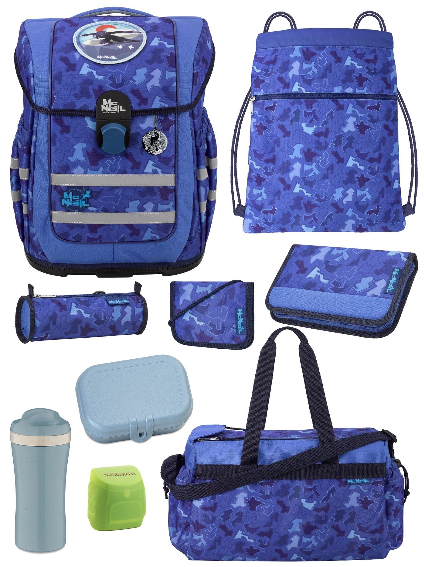 Blauer McNeill Schulranzen Ergo Complete mit Ninja Motivmagnet 9-teilig mit Sporttasche